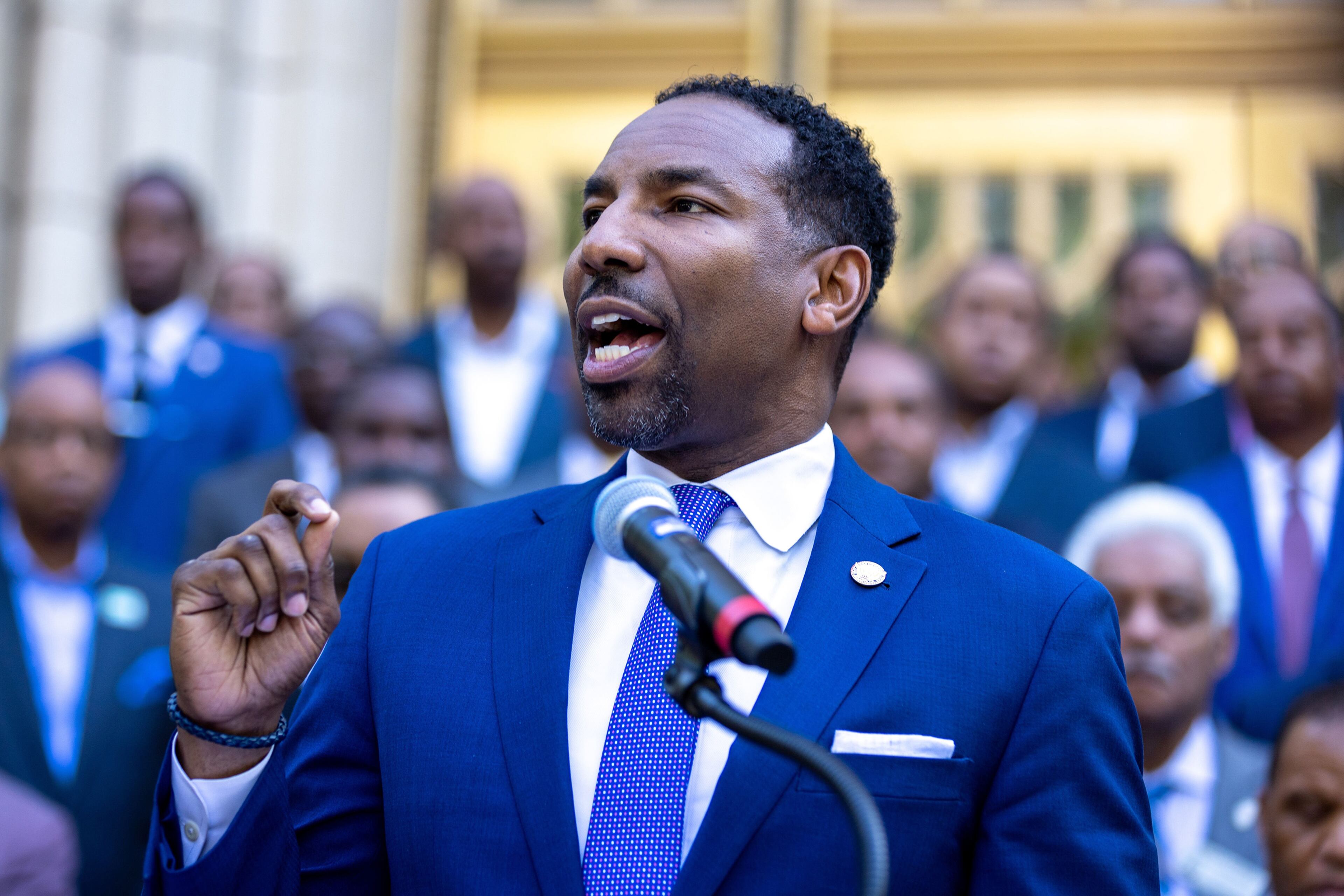 Atlanta Mayor Andre Dickens speaks at a press conference in front of Atlanta City Hall about the Atlanta Public Safety Training Center on Wednesday, April 19, 2023. (Arvin Temkar/The Atlanta Journal-Constitution/TNS)