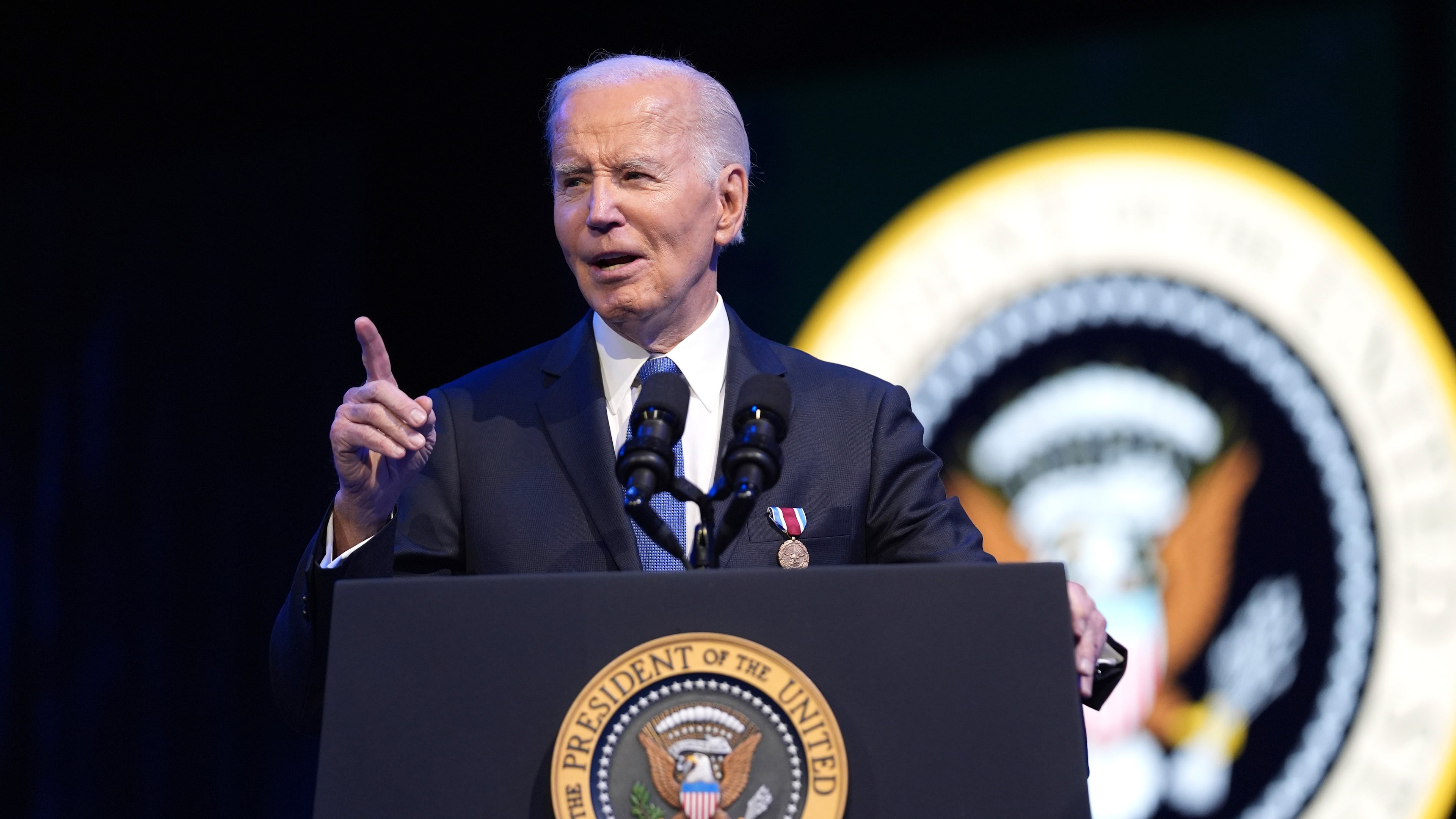 FILE - President Joe Biden speaks during a Department of Defense Commander in Chief farewell ceremony at Joint Base Myer-Henderson Hall, Jan. 16, 2025, in Arlington, Va. (AP Photo/Evan Vucci, File)
