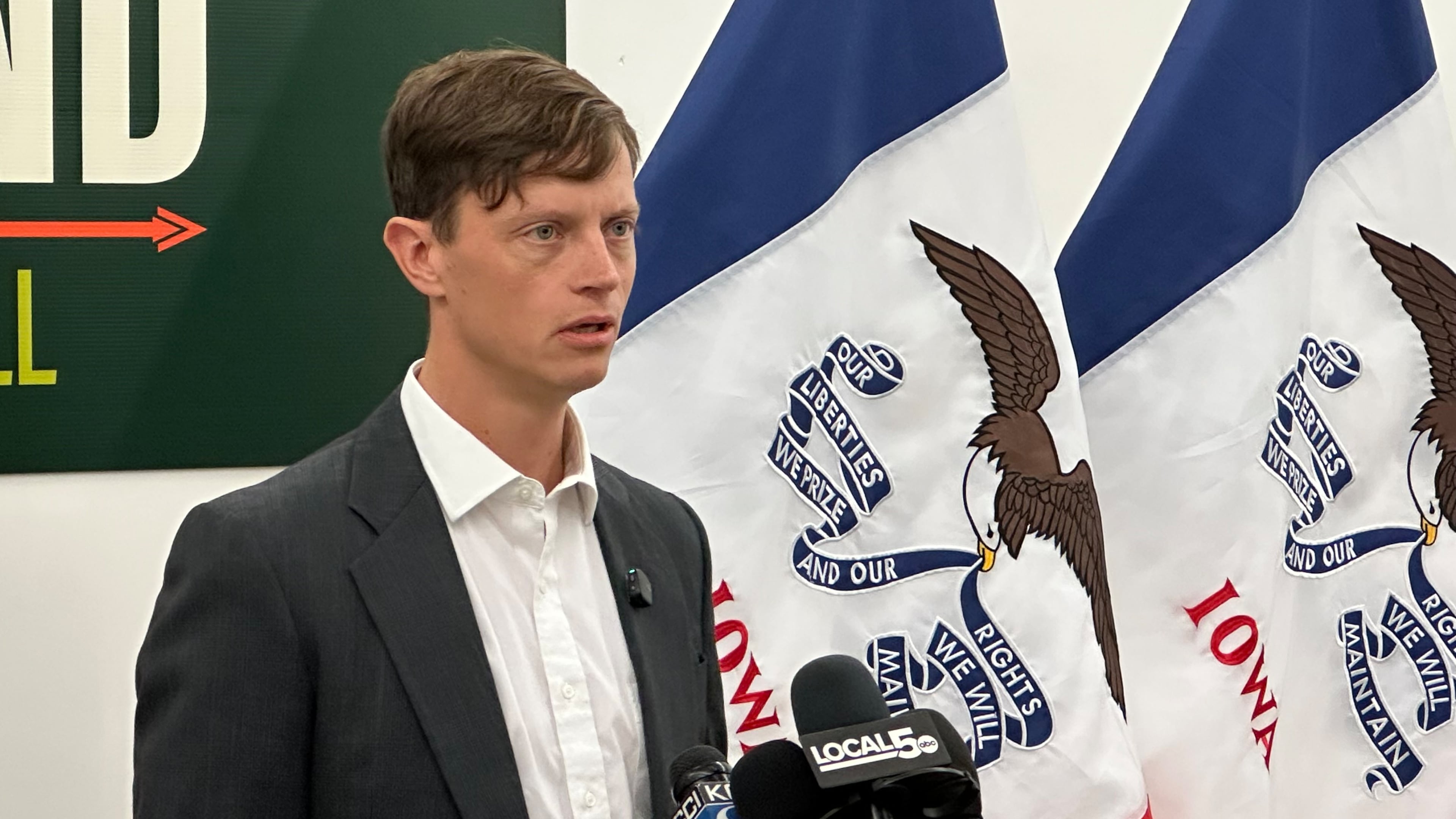 Iowa state auditor Rob Sand, who is running for Iowa governor, talks to reporters in Des Moines, Iowa, April 2, 2026. (AP Photo/Hannah Fingerhut)