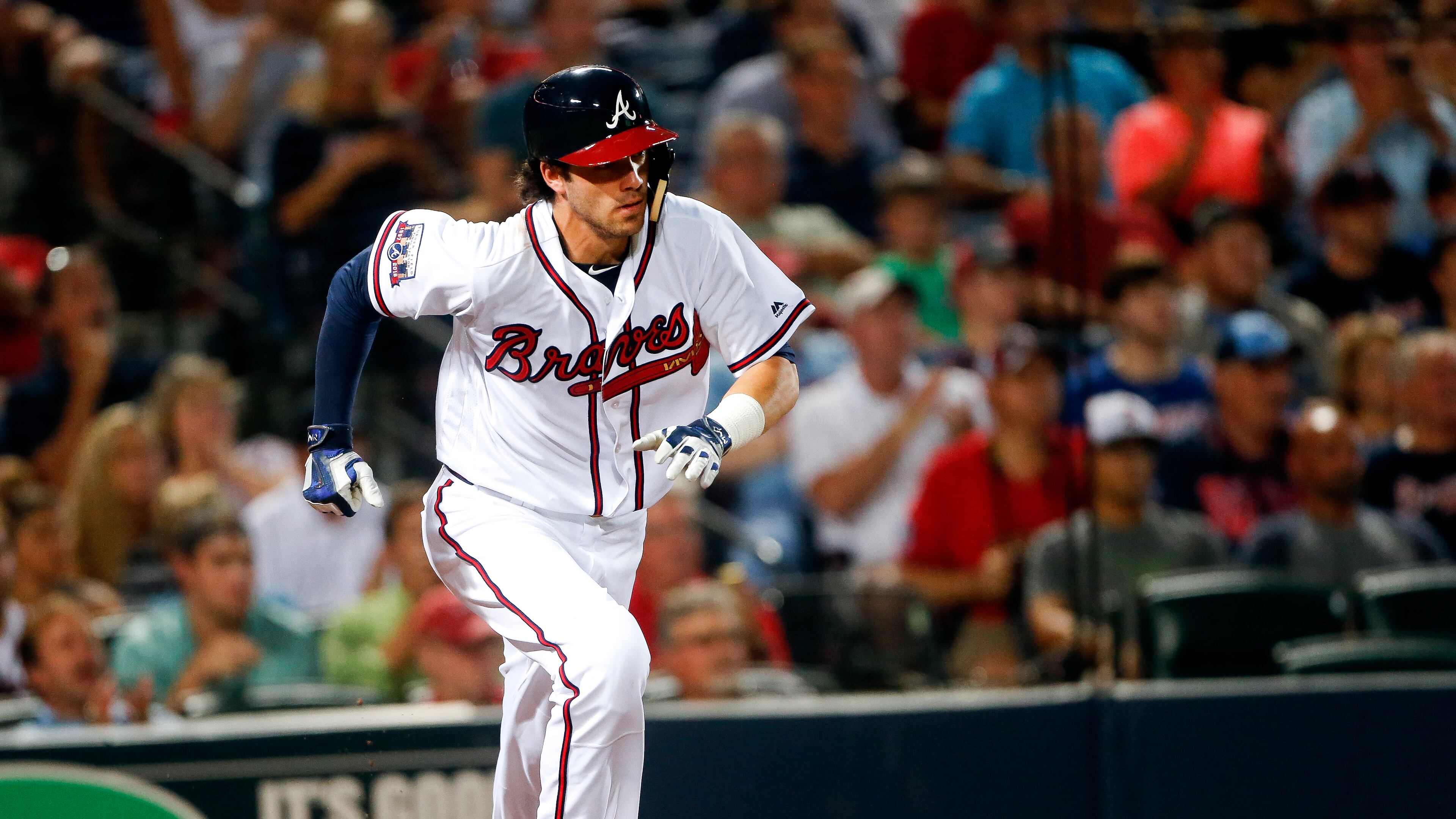 Atlanta Braves rookie Dansby Swanson connects for his first Major League hit with a single in the fourth inning of a baseball game against the Minnesota Twins in Atlanta, Wednesday, Aug. 17, 2016. Swanson was making his Major League debut. (AP Photo/John Bazemore)