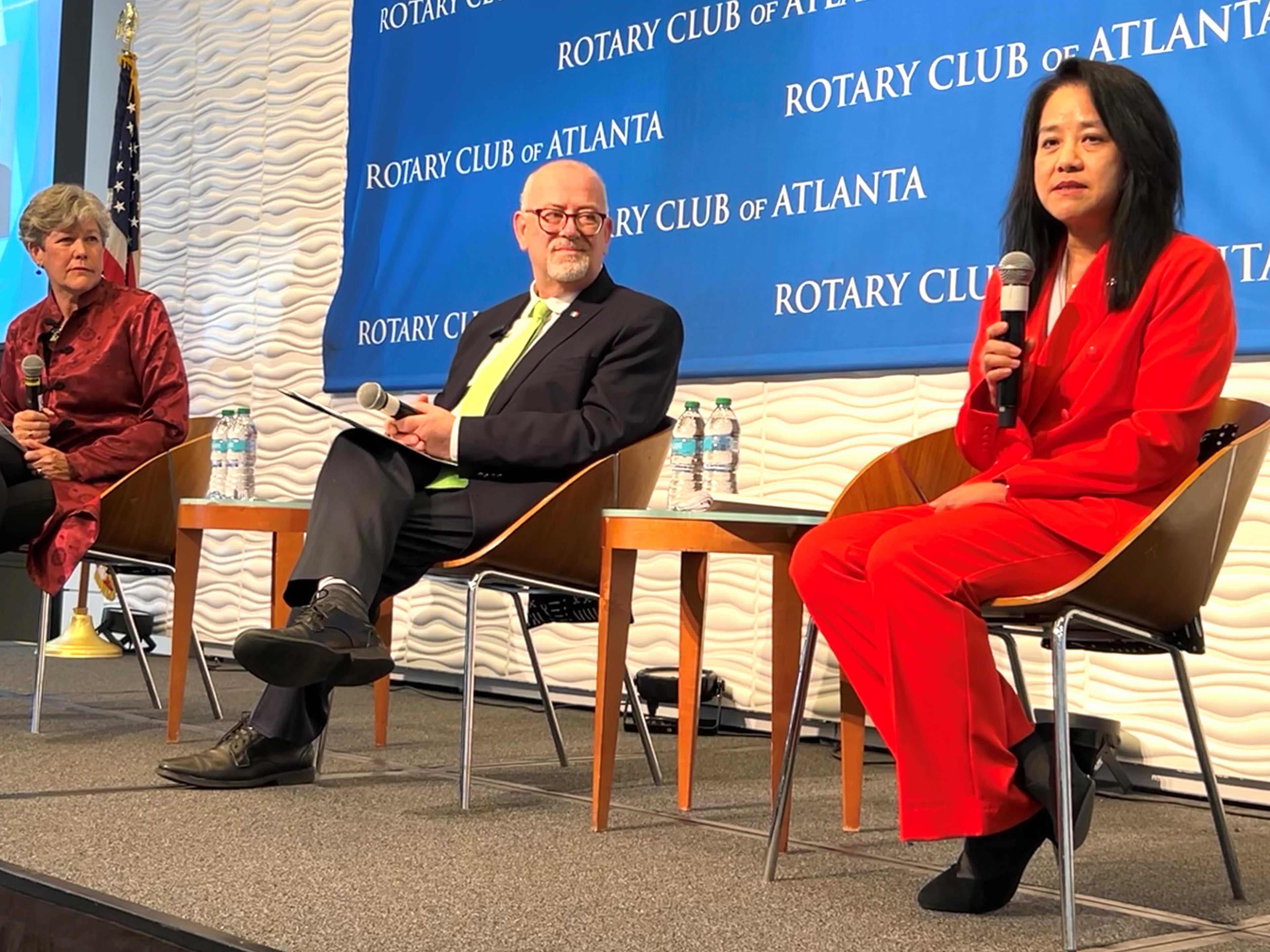 Consul General of Canada to the Southeast Rosaline Kwan, right, addresses the Rotary Club of Atlanta as Consul General of Mexico in Atlanta Javier Díaz de León, center, and moderator Martha Brooks look on Monday, March 17, 2025. The consuls general held a discussion about U.S., Canada and Mexico trade relations and recent tariffs instituted by the Trump administration with top Atlanta business and civic leaders. J. Scott Trubey/scott.trubey@ajc.com