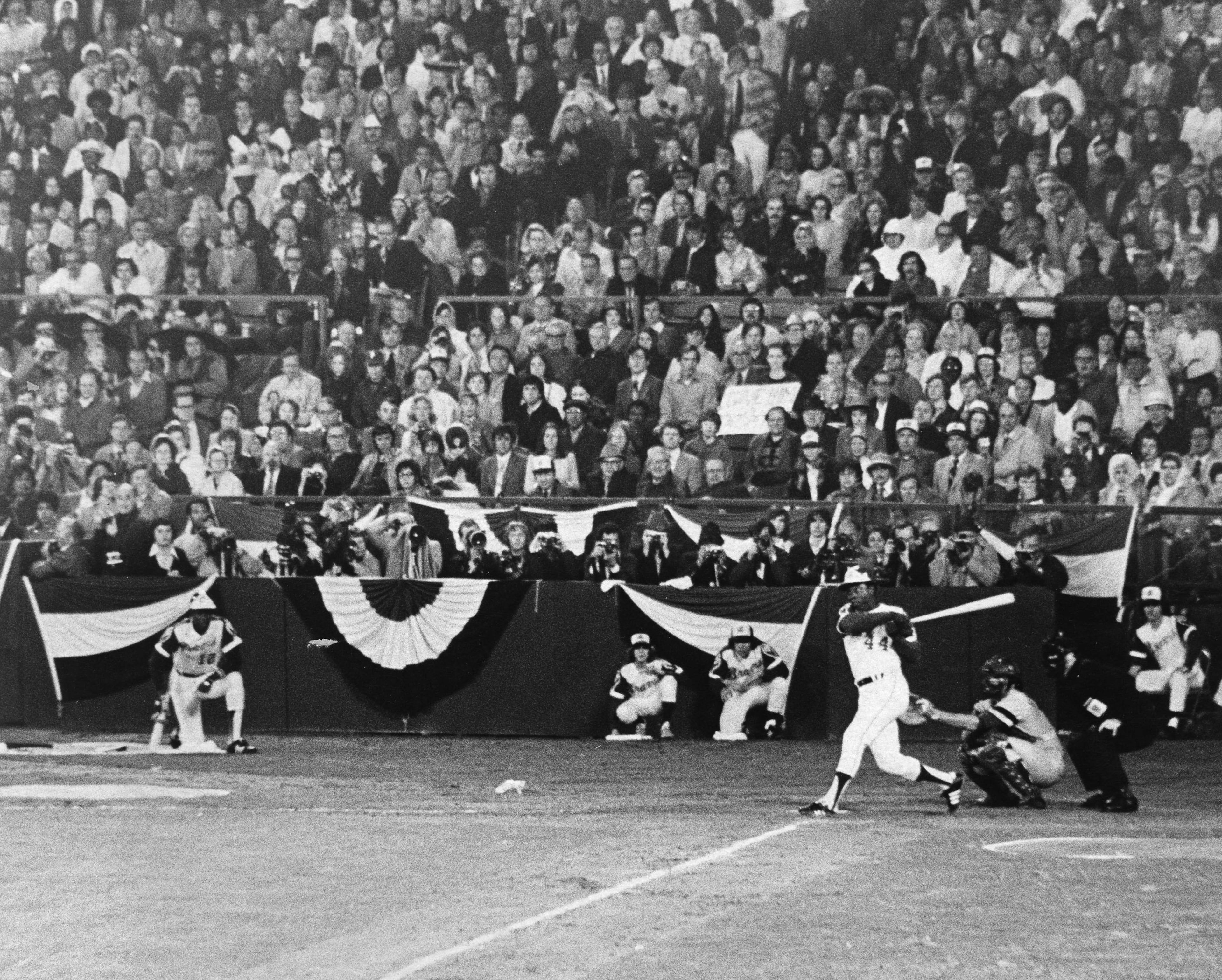 Another angle of Hank Aaron's 715th home run. AJC file photo