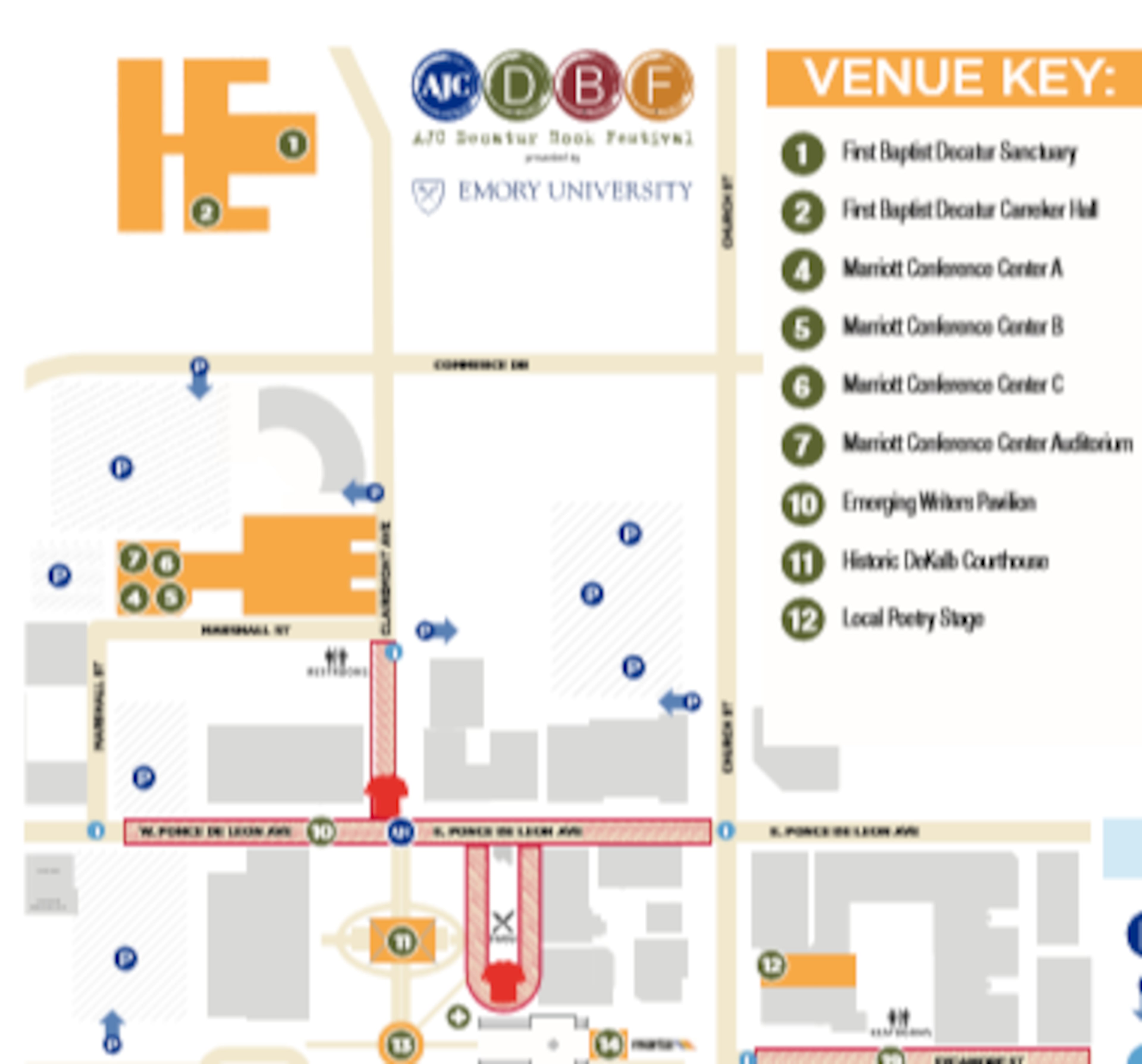 The guide includes a map of the 17 venues scattered across downtown Decatur.