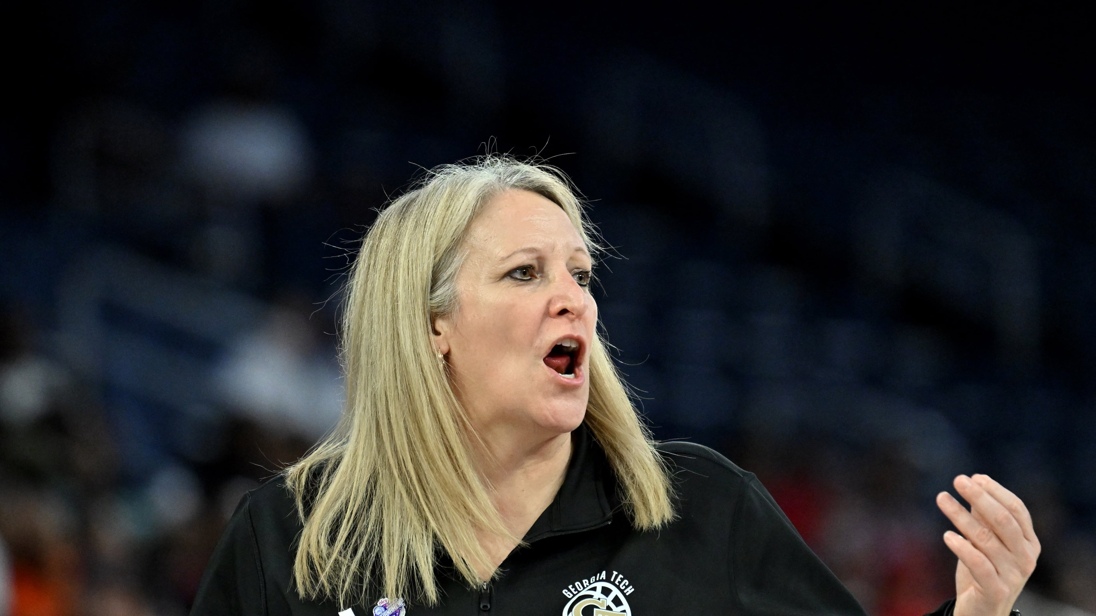 Georgia Tech head coach Karen Blair shouts instructions during the second half in the ACC women's basketball tournament at Gas South Arena, Thursday, March 5, 2026, in Duluth. Virginia Tech defeat Georgia Tech, 62-54. (Hyosub Shin/AJC)