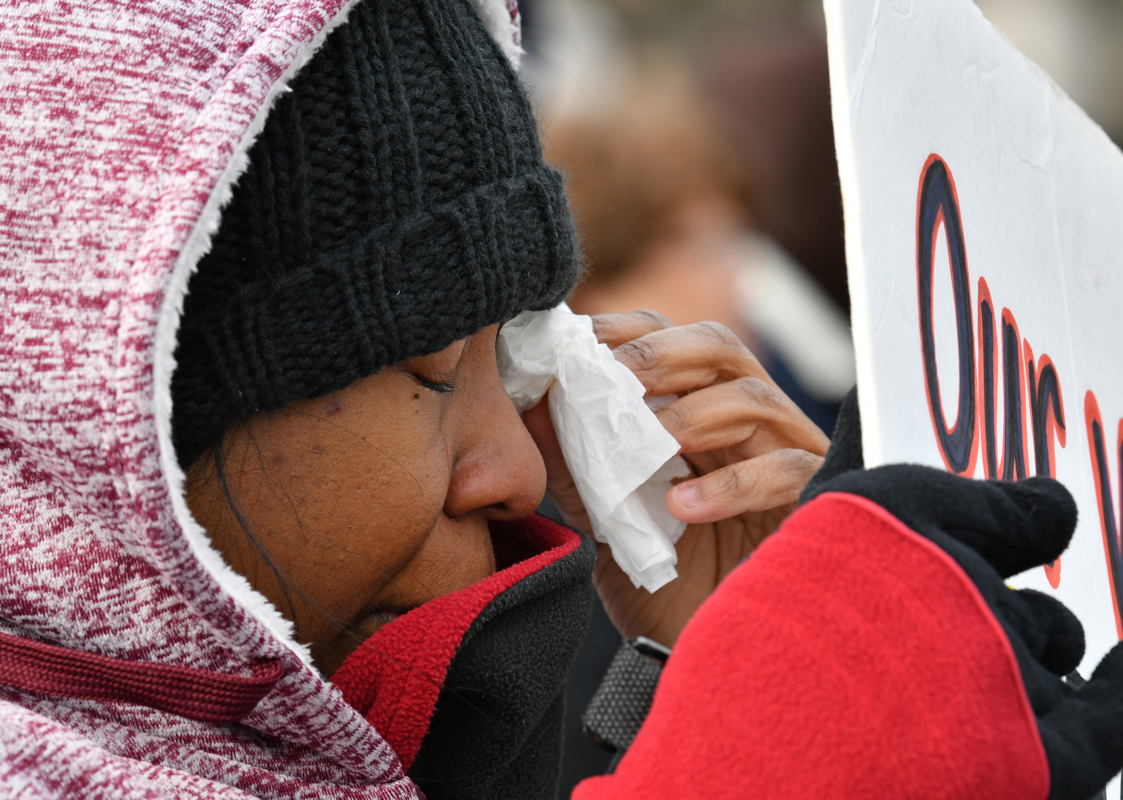 January 22, 2020 Atlanta - Yarnicka Pierre gets emotional during the 2020 Georgia March For Life & Memorial Service to raise awareness and support of anti-abortion legislation at Liberty Plaza on Wednesday, January 22, 2020. Anti-abortion advocates scored a win last year when Georgia passed a law that would ban the procedure once a doctor can detect fetal cardiac activity. But Georgia Right to Life had urged lawmakers to vote against it - and unendorsed several Republican candidates who voted in support of it - saying the bill did not go far enough because it allowed exceptions in instances of rape and incest. (Hyosub Shin / Hyosub.Shin@ajc.com)