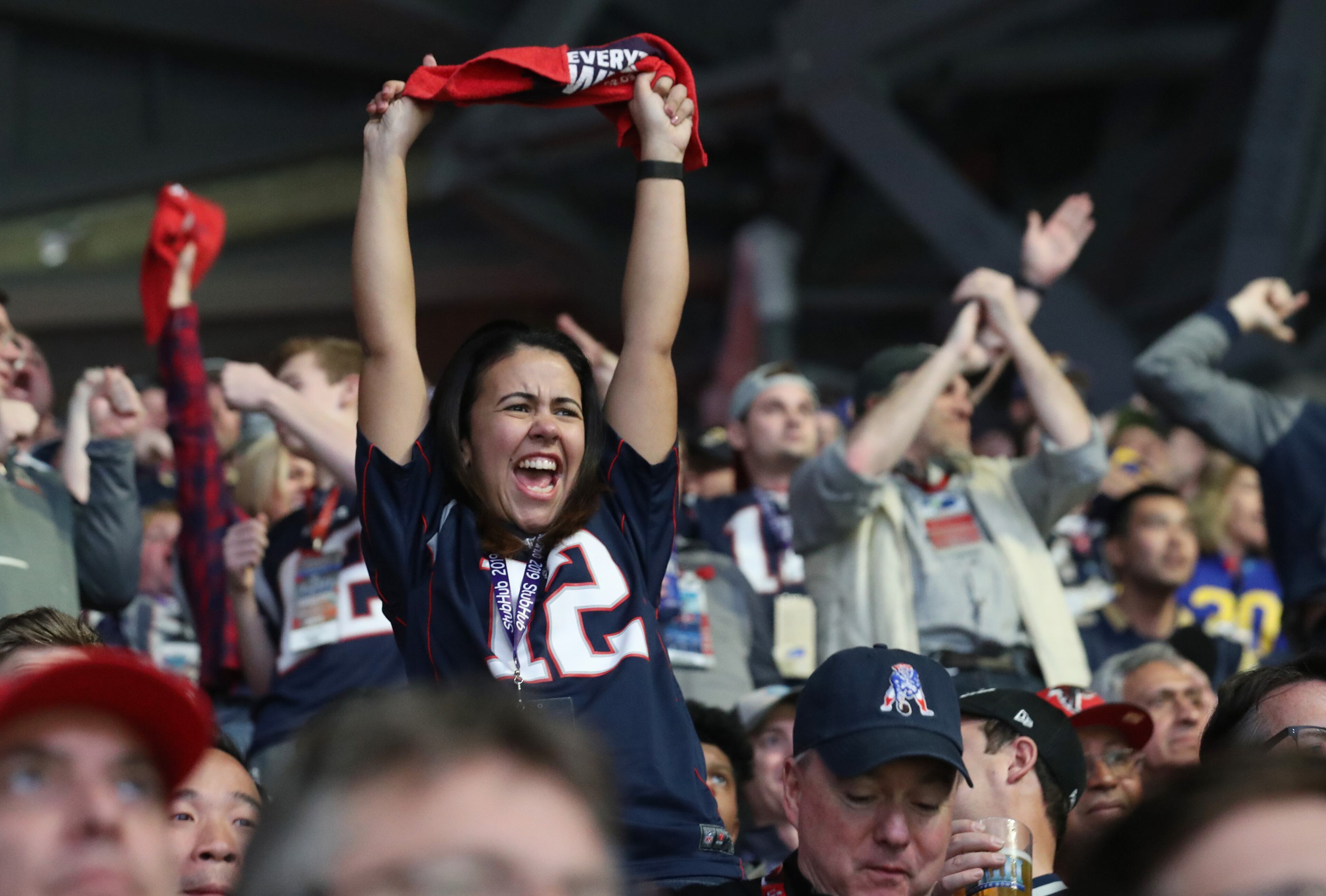 2/3/19 - Atlanta - New England Patriots fans react during the third quarter against the Los Angeles Rams in Super Bowl LIII on Sunday, Feb. 3, 2019 at Mercedes-Benz Stadium in Atlanta, Ga. (ALYSSA POINTER/ALYSSA.POINTER@AJC.COM)