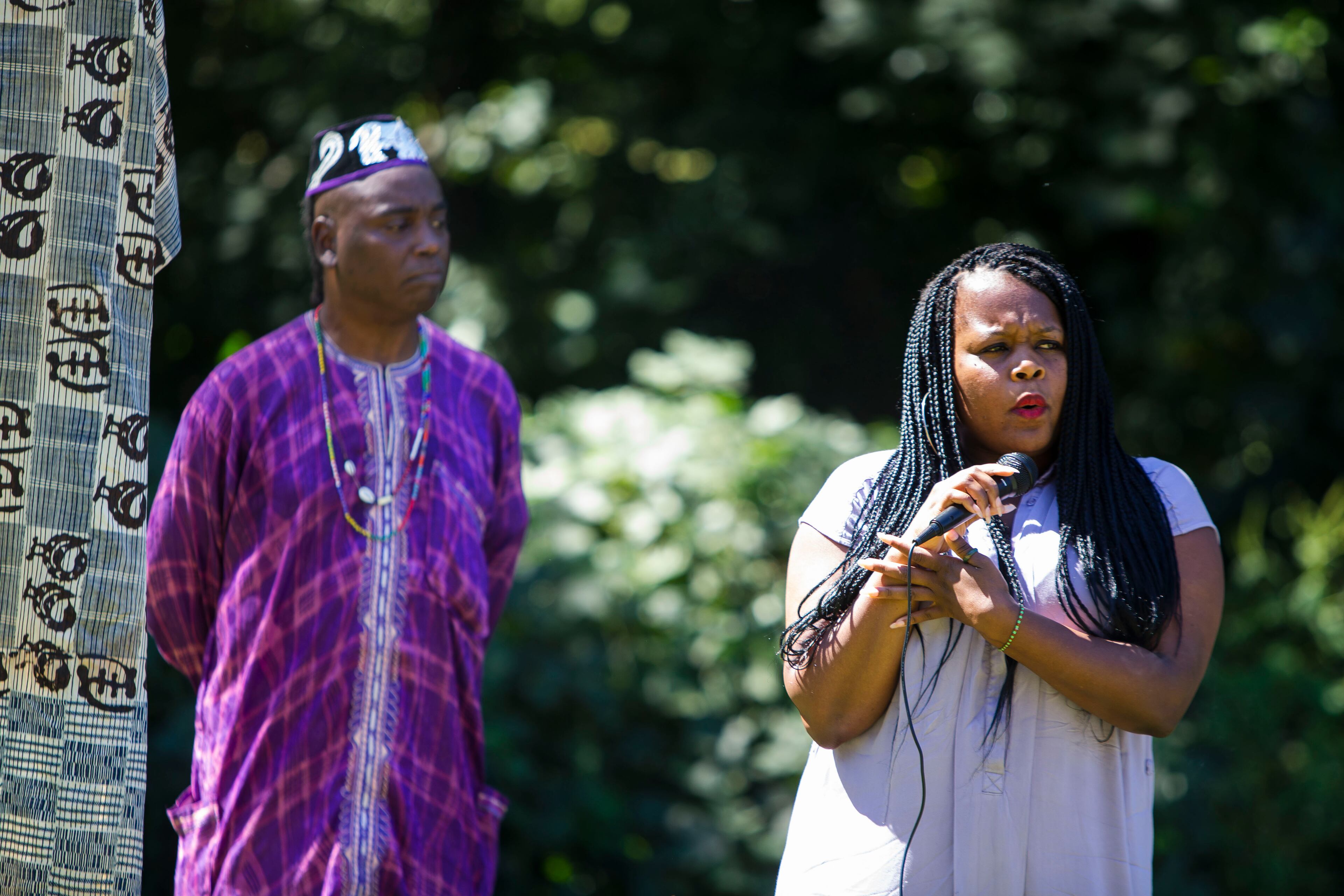 Ann Hill-Bond, co-chair of the Fulton County Remembrance Coalition, speaks during the dedication of a historical marker for Zeb Long, a lynching victim from the 1906 Atlanta Race Massacre, on Saturday, September 24, 2022, at Sumner Park in East Point. CHRISTINA MATACOTTA FOR THE ATLANTA JOURNAL-CONSTITUTION