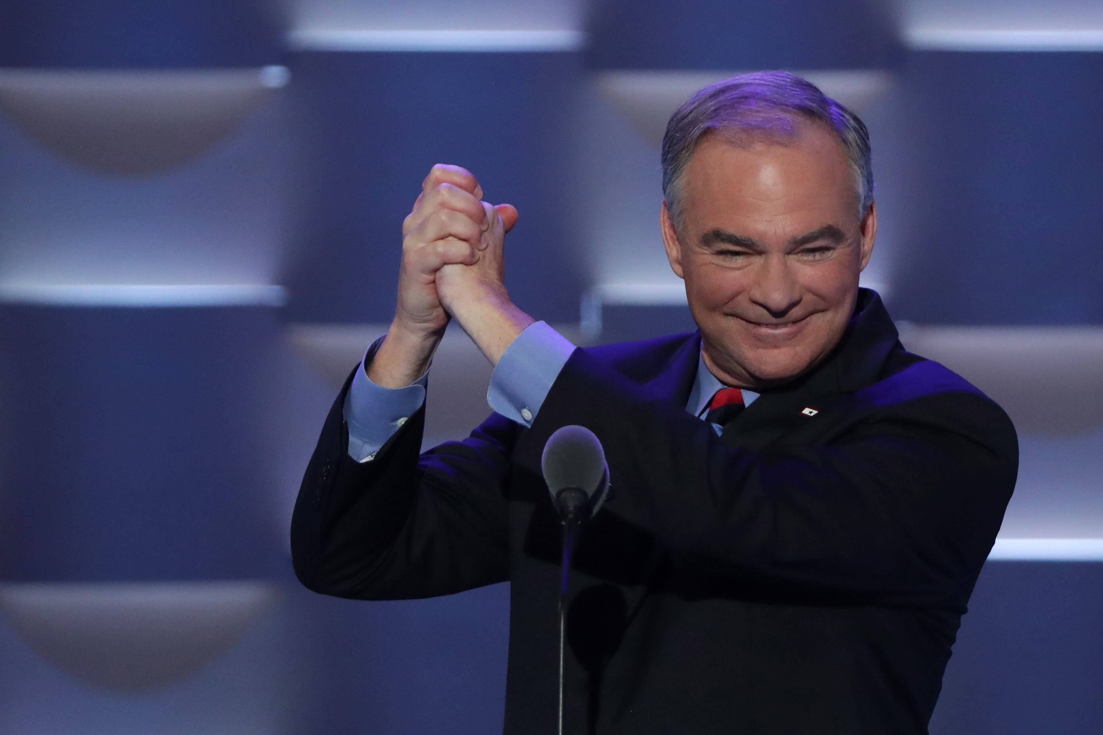 U.S. vice president nominee Tim Kaine acknowledges the crowd on the third day of the Democratic National Convention at the Wells Fargo Center, July 27, 2016 in Philadelphia. (Photo by Alex Wong/Getty Images)