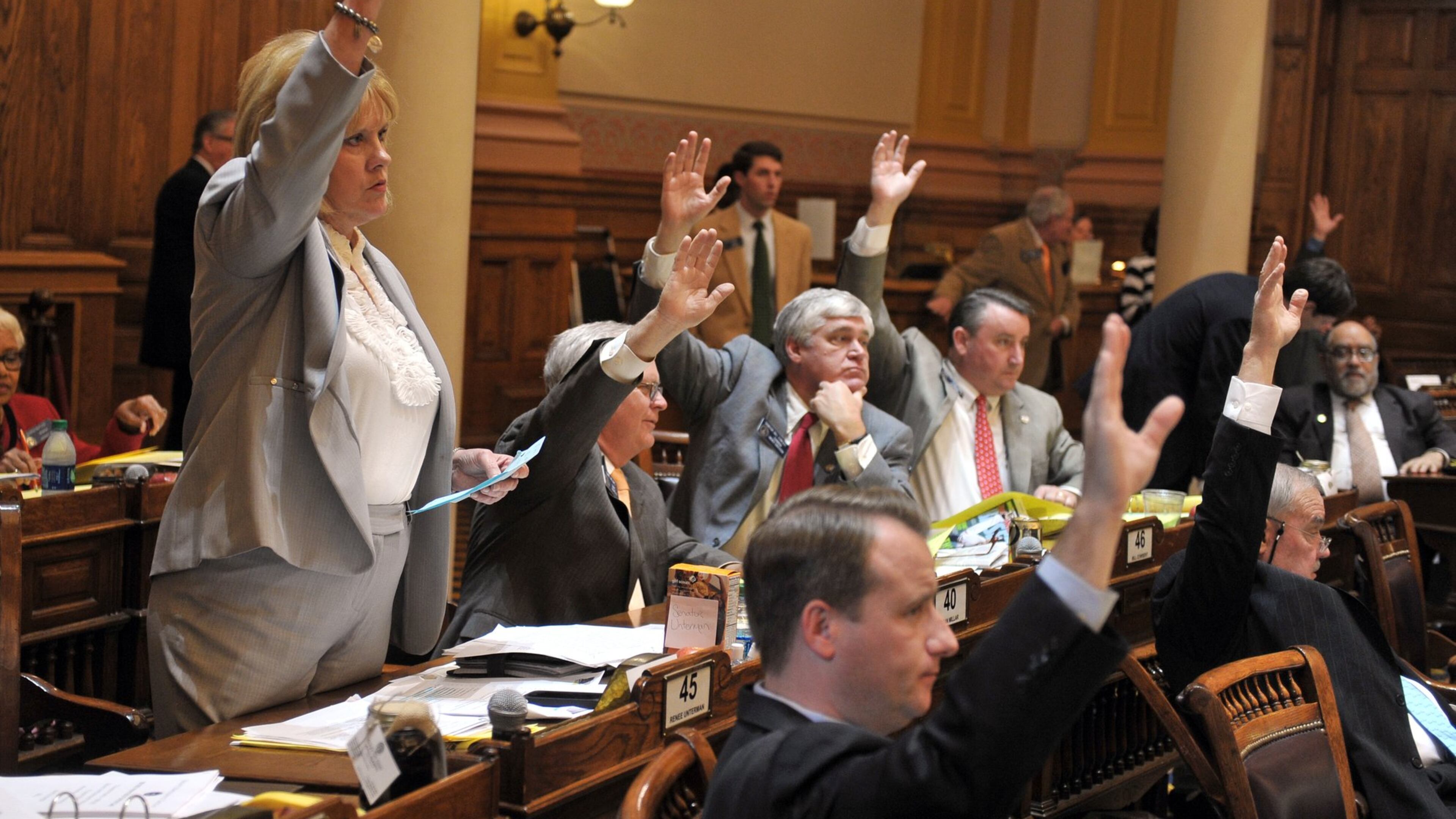 State Sen. Renee Unterman (left) and other senators vote against proposed amendments to Senate Bill 350 that could have delayed the bill’s passage Tuesday. The Senate later voted to approve the bill that would outsource the bulk of the state’s child welfare services, including foster care and adoption. BRANT SANDERLIN /BSANDERLIN@AJC.COM