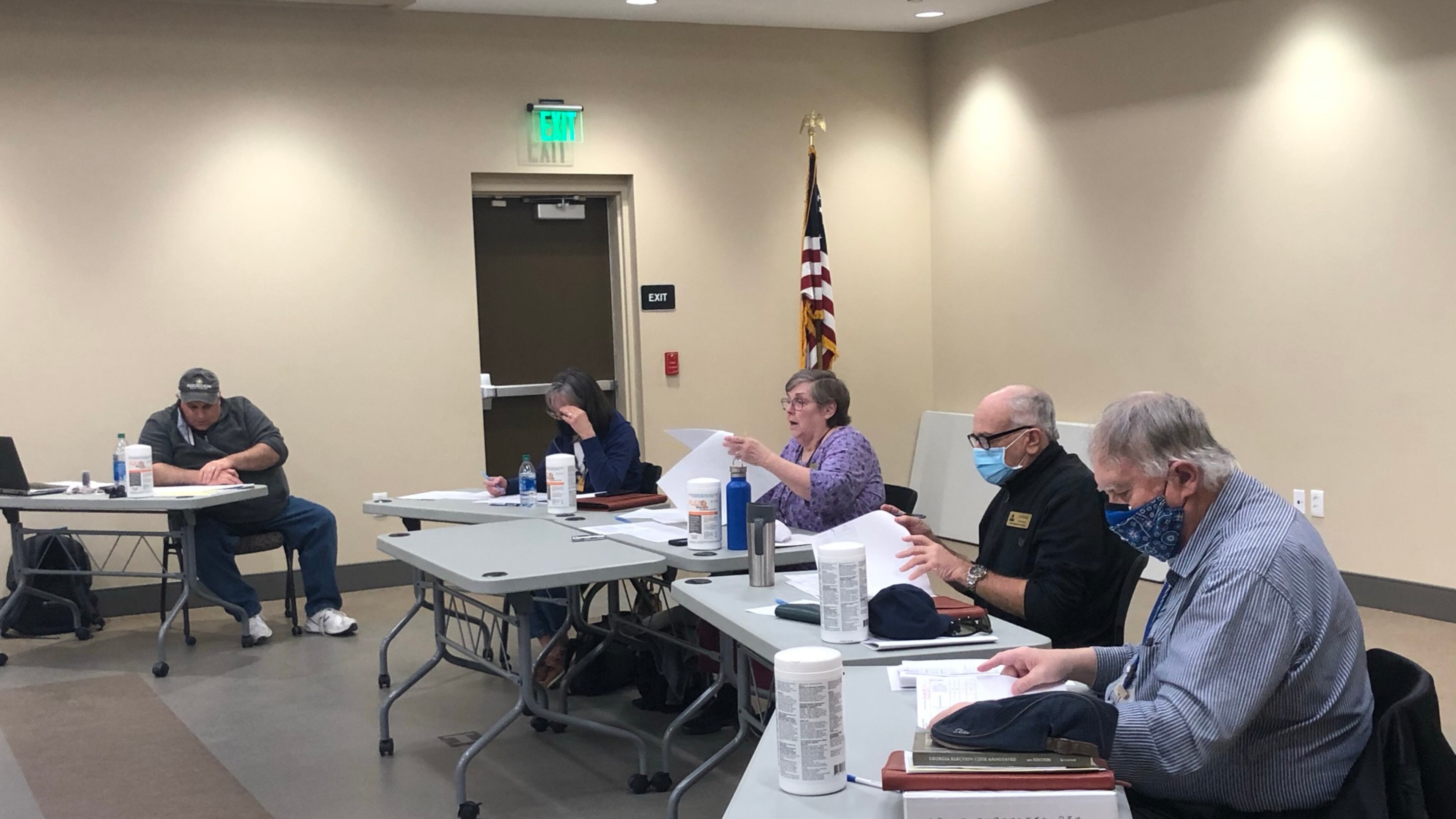 The Forsyth County election board voted Friday to reject six ballots from ineligible voters after over 5,000 voters had been challenged. From left: election board members Joel Natt, Carla Radzikinas, Barbara Luth, Matthew Blender and Randy Ingram. MARK NIESSE / mark.niesse@ajc.com