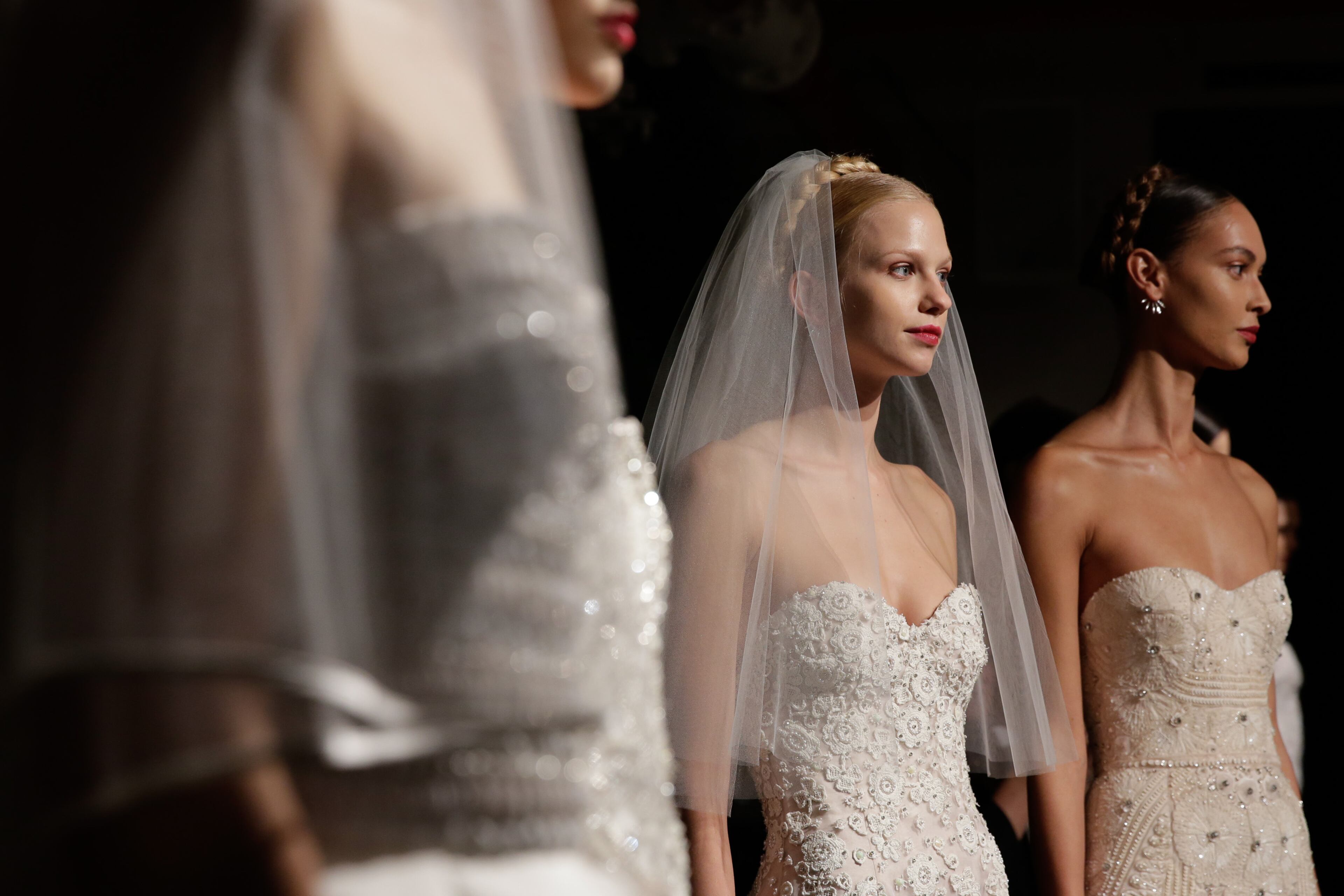 Models pose during the Naeem Khan Fall/Winter 2014 Bridal Collection presentation and reception on Oct. 12, 2013, in New York City.