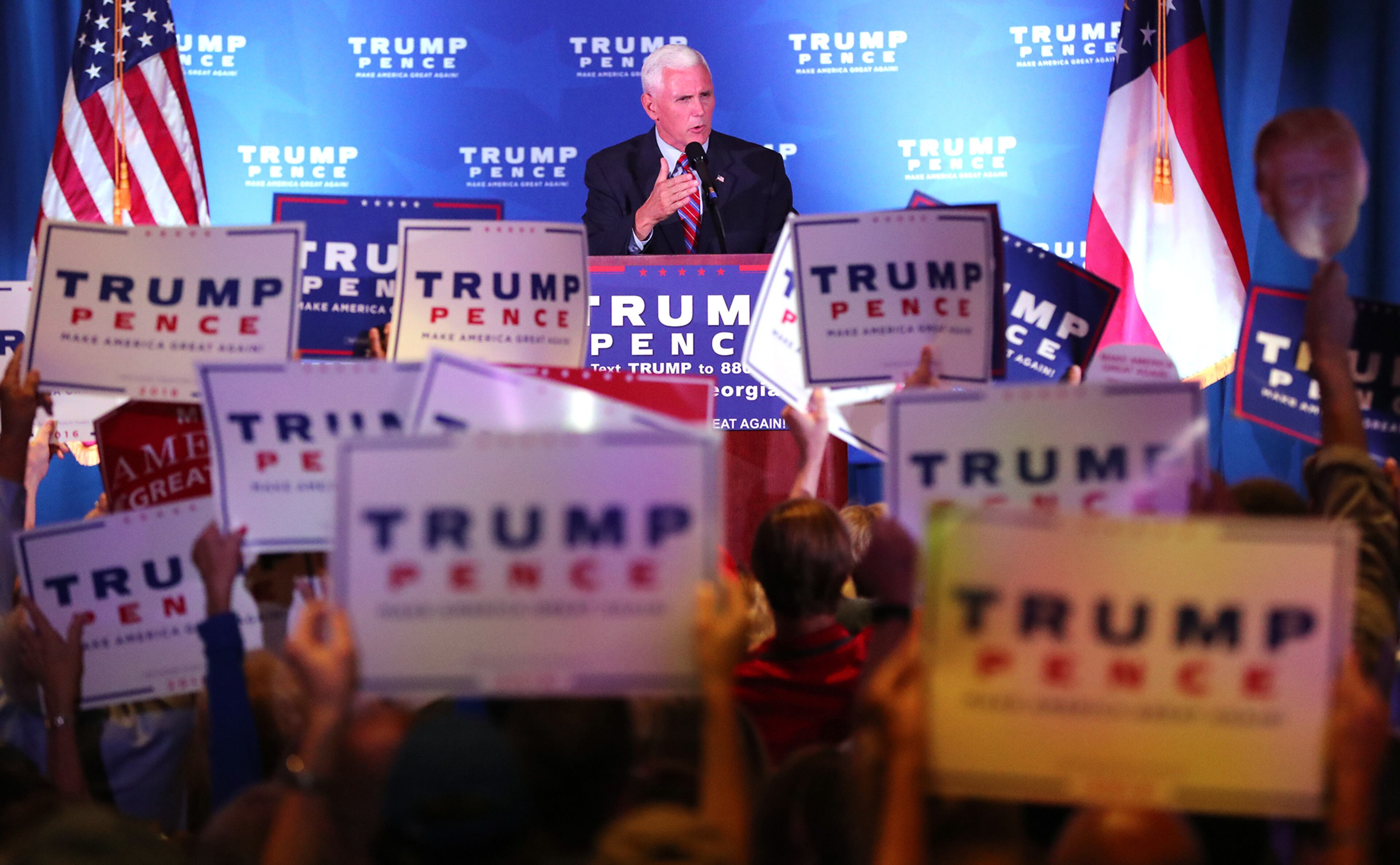 Mike Pence speaks at a campaign stop Monday, August 29, 2016, in Marietta. Curtis Compton /ccompton@ajc.com