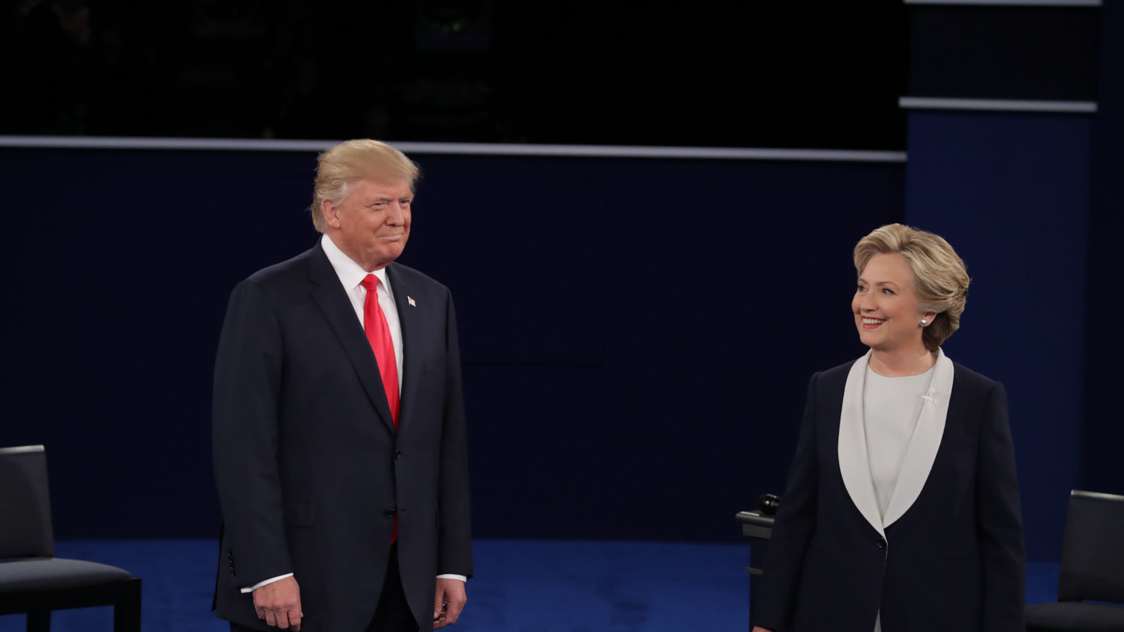 ST LOUIS, MO - OCTOBER 09: Democratic presidential nominee former Secretary of State Hillary Clinton and Republican presidential nominee Donald Trump arrive for the town hall debate at Washington University on October 9, 2016 in St Louis, Missouri. This is the second of three presidential debates scheduled prior to the November 8th election. (Photo by Chip Somodevilla/Getty Images)