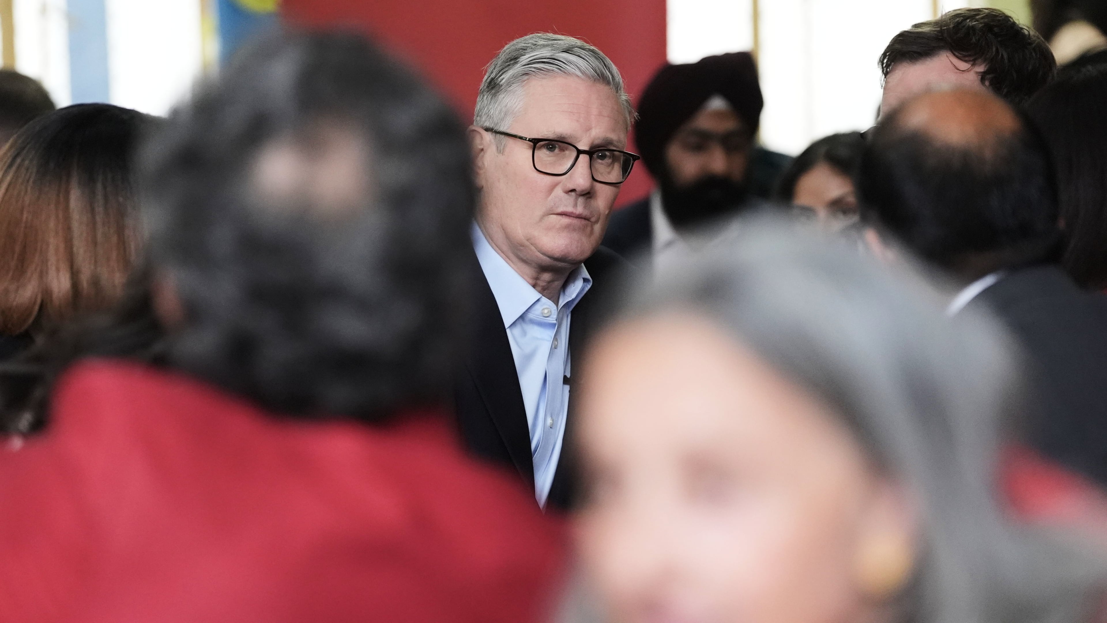 Britain's Prime Minister Sir Keir Starmer meets Labour Party members at Kingsdown Methodist Church Hall, in Ealing, west London, Friday May 8, 2026, a day after the local elections. (Stefan Rousseau/PA via AP)