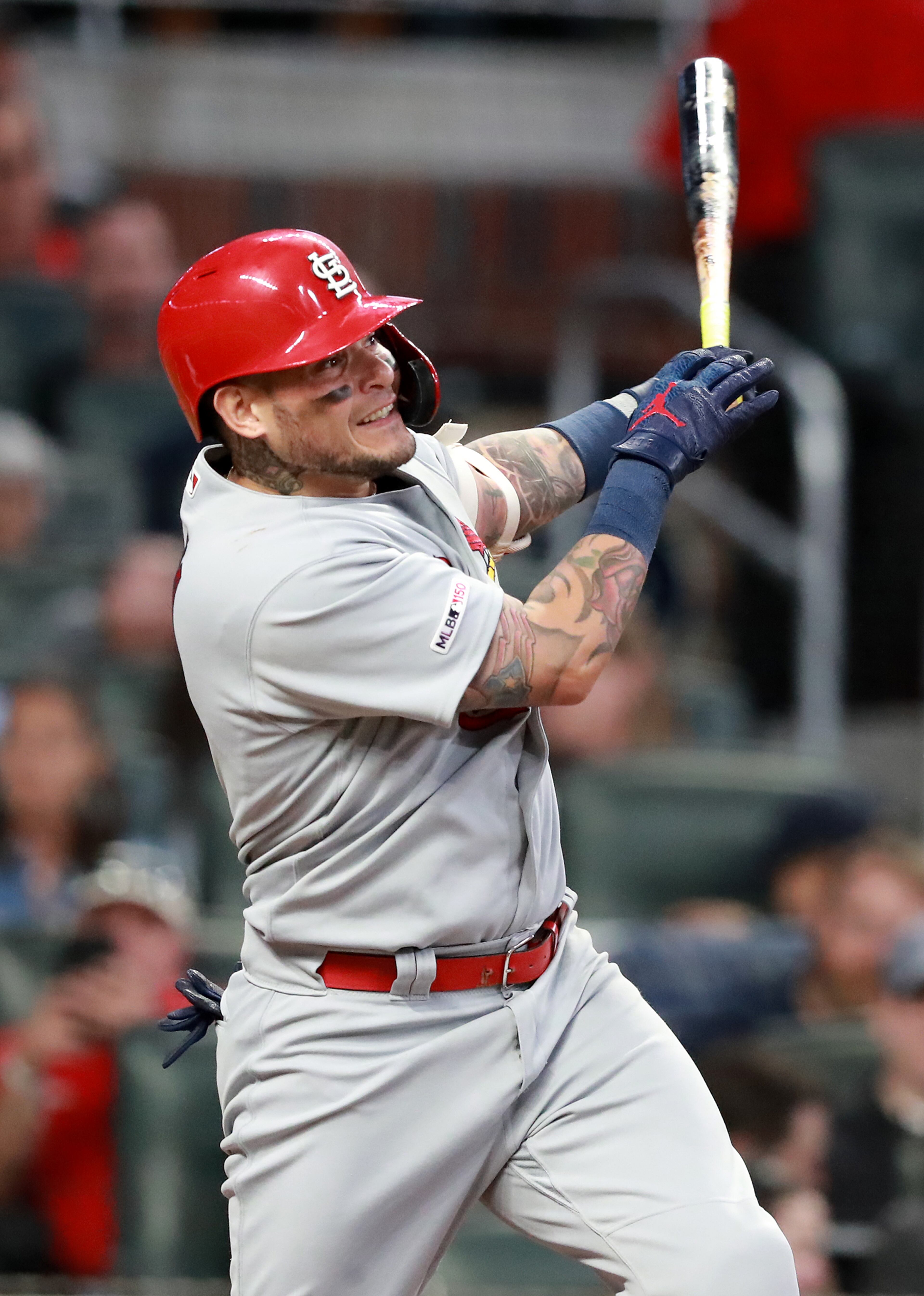 Cardinals' Yadier Molina hits a 3-run home run off Atlanta Braves pitcher Mike Foltynewicz to take a 8-0 lead during the fifth inning. Curtis Compton/ccompton@ajc.com