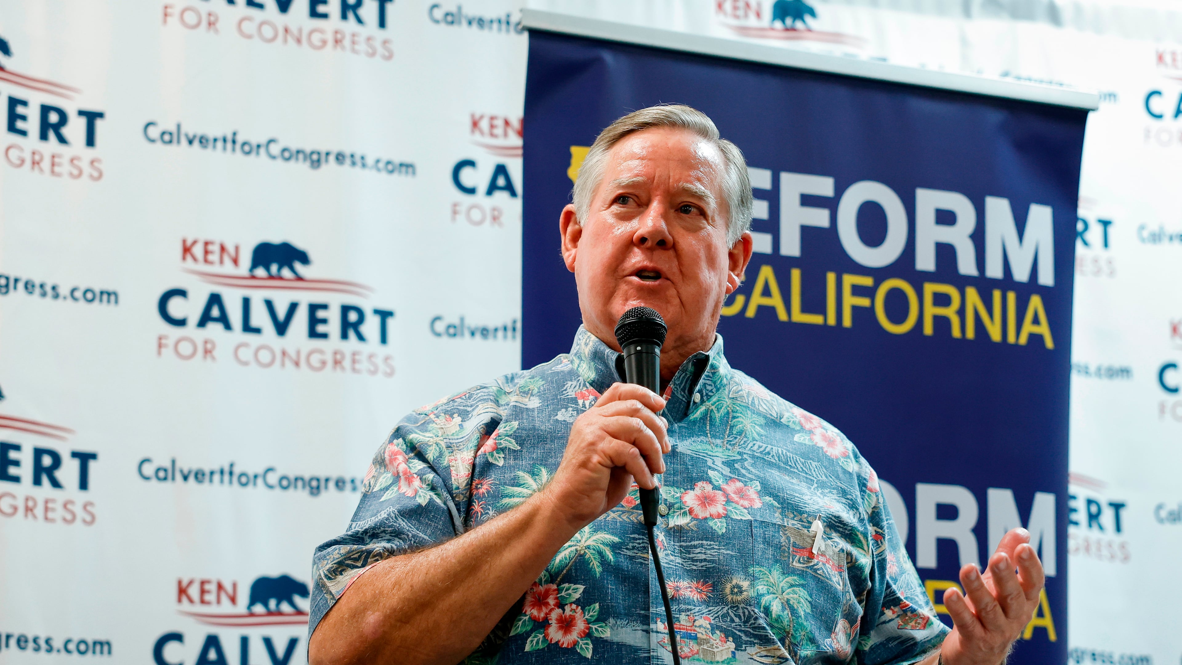 Rep. Ken Calvert, R-Calif., speaks at a "Barbeque, Beer and Ballots" event organized by Reform California on Saturday, May 9, 2026, in Corona, Calif. (AP Photo/Caroline Brehman)