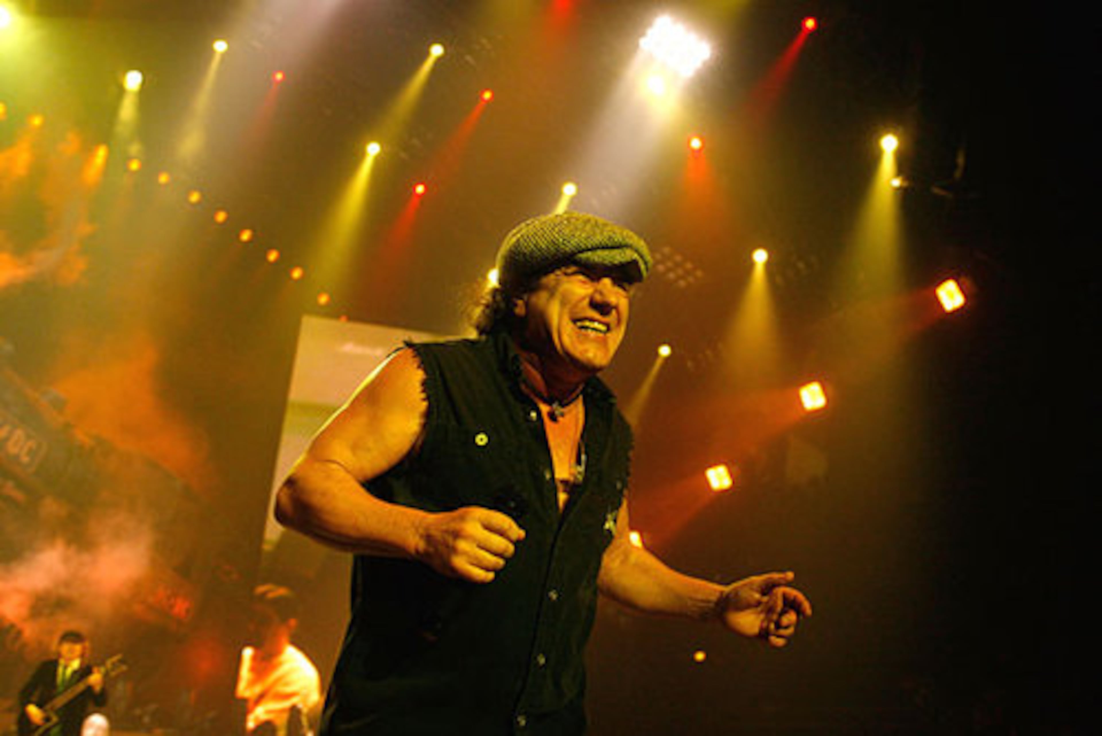 Brian Johnson of AC/DC performs on stage during their Black Ice tour at Philips Arena in Atlanta.