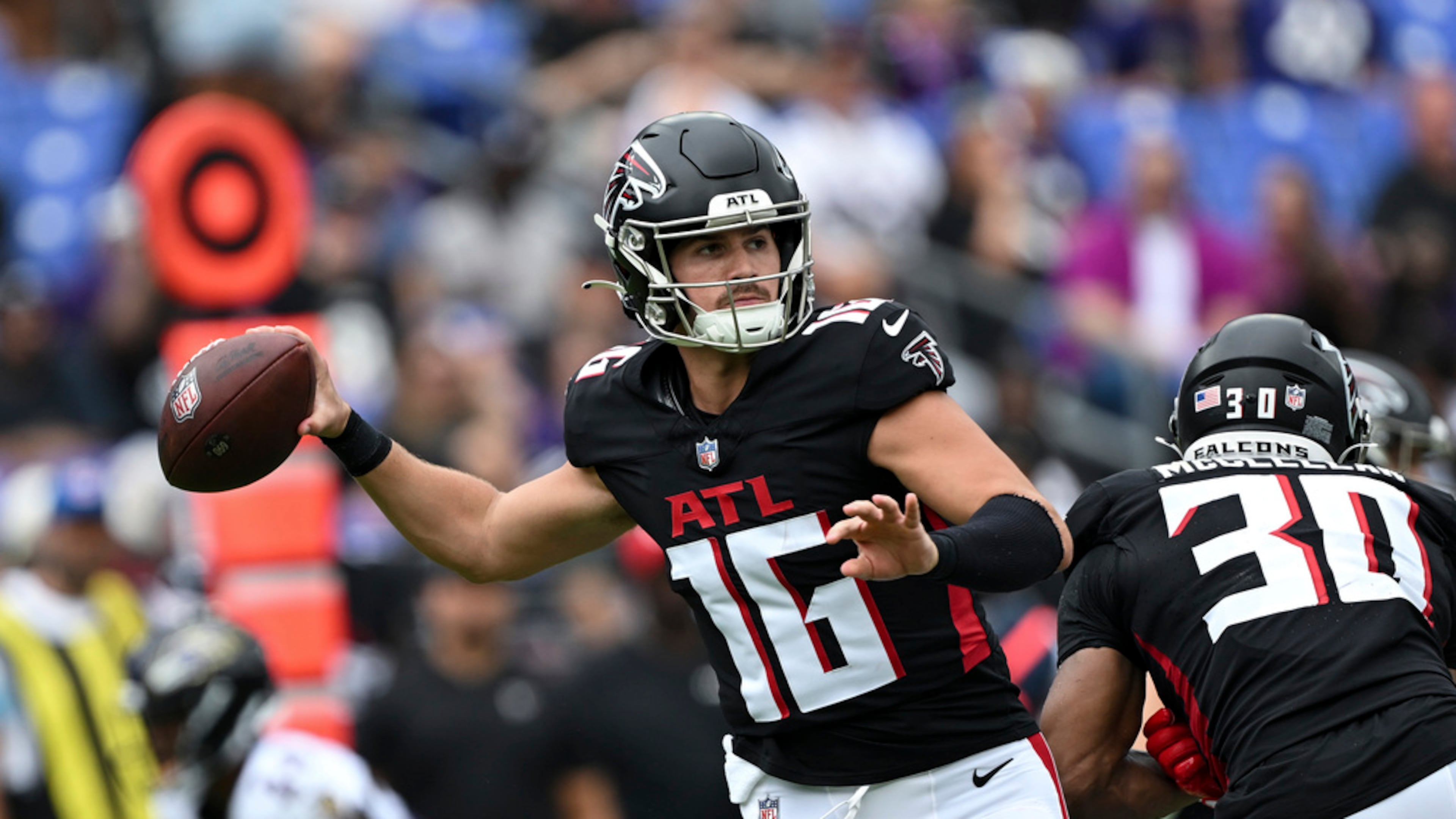 Atlanta Falcons quarterback John Paddock (16) throws a pass during the second half of an preseason NFL football game against the Baltimore Ravens, Saturday, Aug. 17, 2024, in Baltimore. (AP Photo/Terrance Williams)