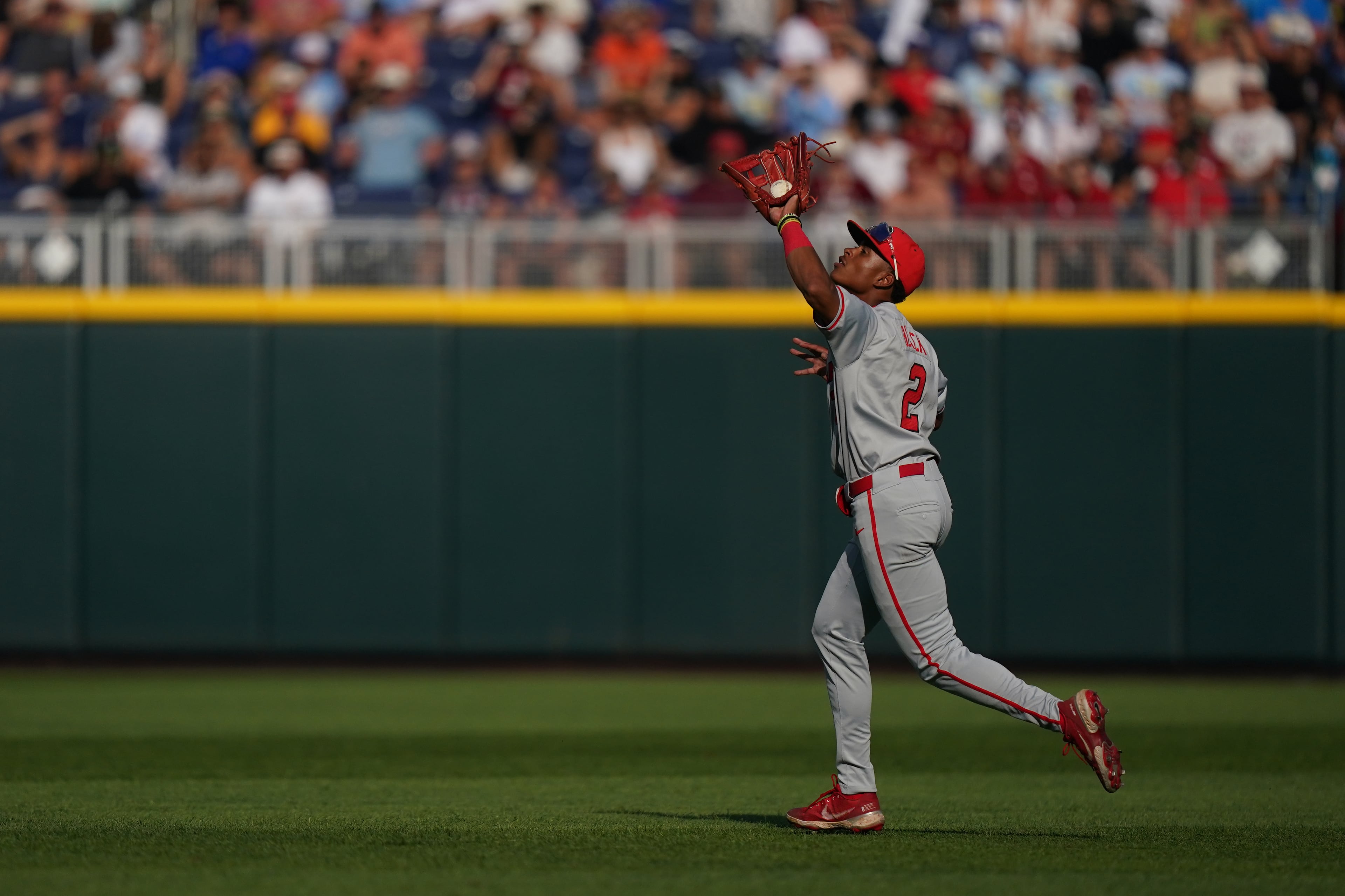 Georgia infielder Ryan Black makes the catch during a College World Series game against Oklahoma on Monday, June 15, 2026, in Omaha, Neb. (Vera Nieuwenhuis/AP)
