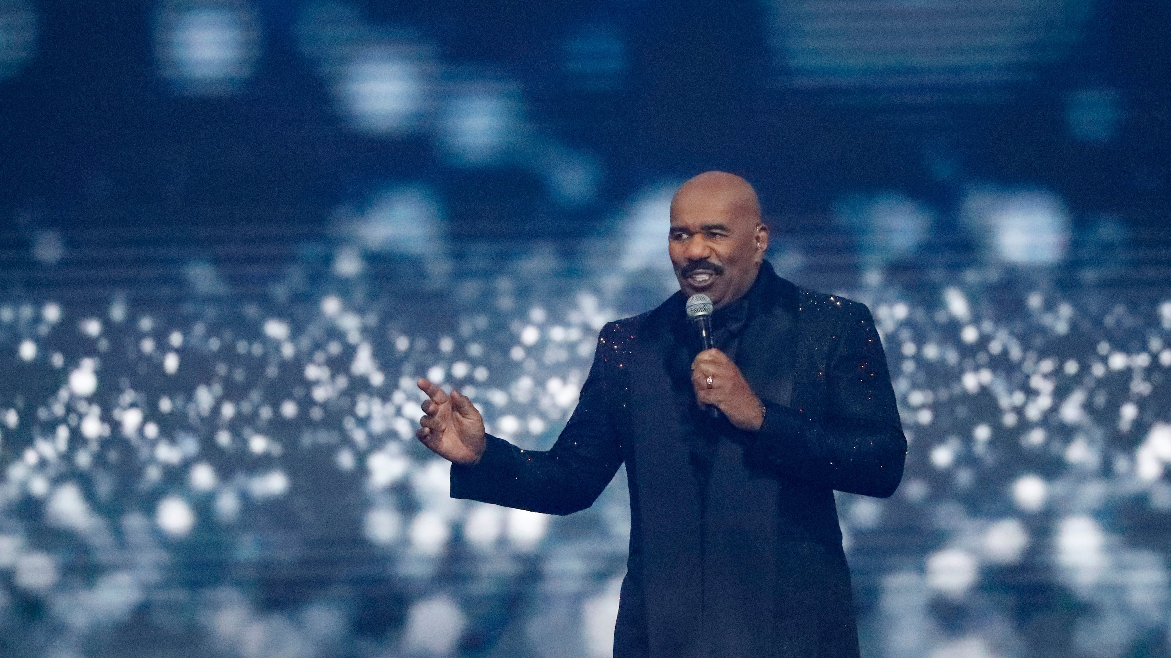 FILE - Host Steve Harvey speaks during the 70th Miss Universe pageant, Dec. 13, 2021, in Eilat, Israel. (AP Photo/Ariel Schalit, File)