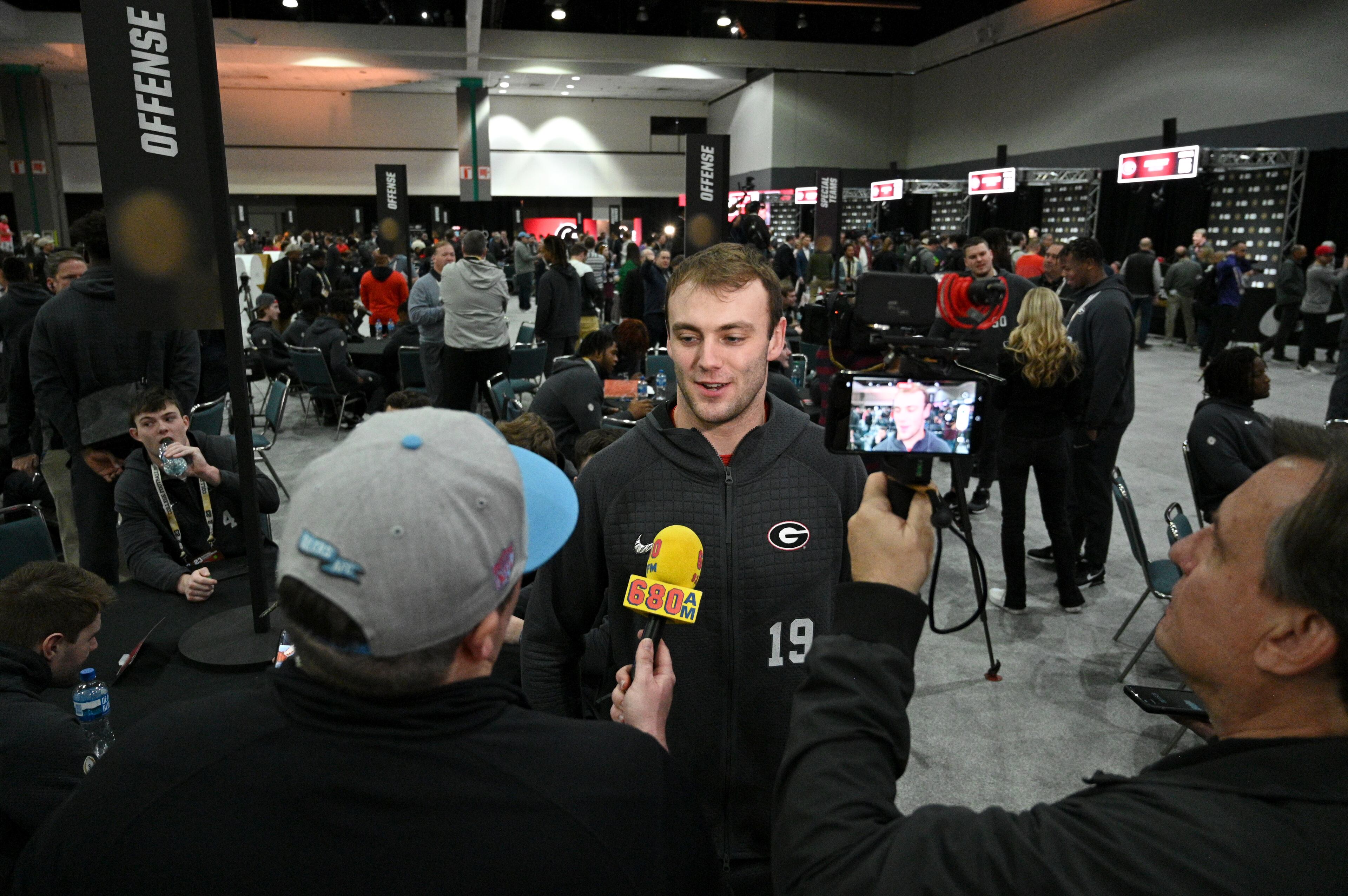 Georgia's tight end Brock Bowers speaks to members of the press during a media day ahead of the national championship NCAA College Football Playoff game between Georgia and TCU, Saturday, Jan. 7, 2023, in Los Angeles. (Hyosub Shin / Hyosub.Shin@ajc.com)