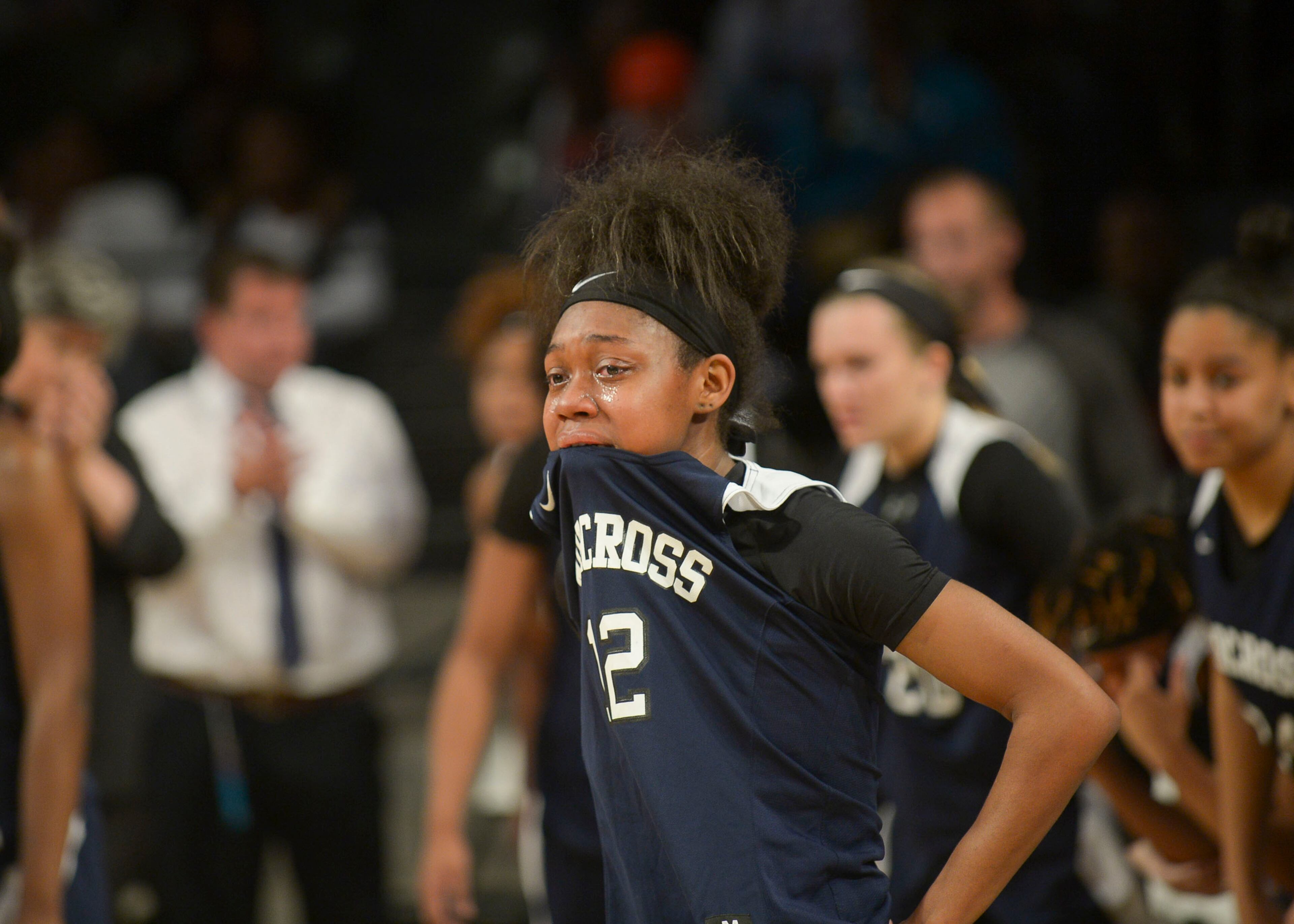 Atlanta, Ga. -- Norcross junior Tehya Lyons (12) becomes emotional after loosing to McEachern a Class AAAAAAA state championship game at Georgia Tech's McCamish Pavillion Friday, March 10, 2017. SPECIAL/Daniel Varnado