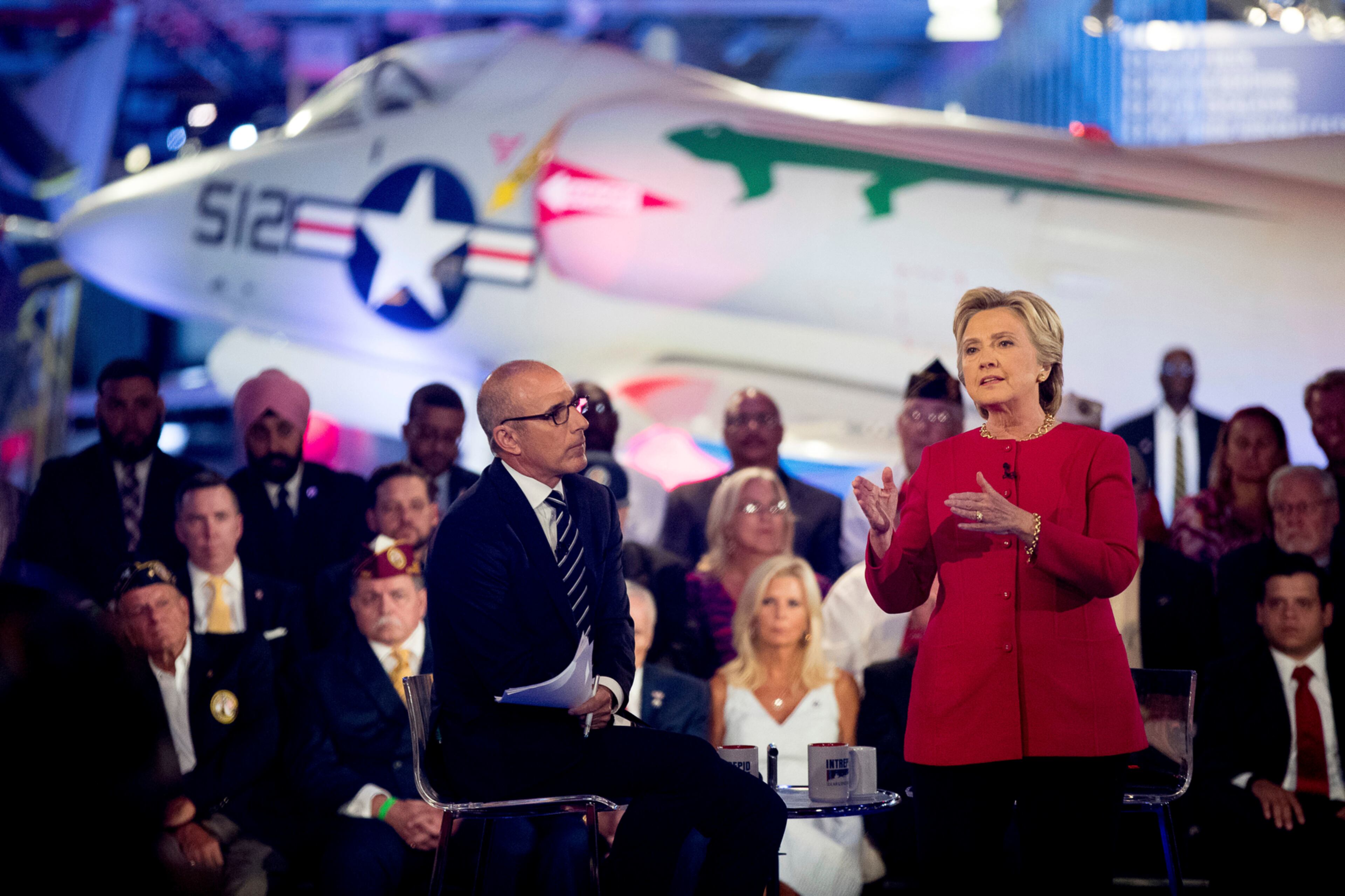 Democratic presidential candidate Hillary Clinton, with 'Today' show co-anchor Matt Lauer, left, speaks at the NBC Commander-In-Chief Forum held at the Intrepid Sea, Air and Space museum aboard the decommissioned aircraft carrier Intrepid, New York, Wednesday, Sept. 7, 2016. (AP Photo/Andrew Harnik)