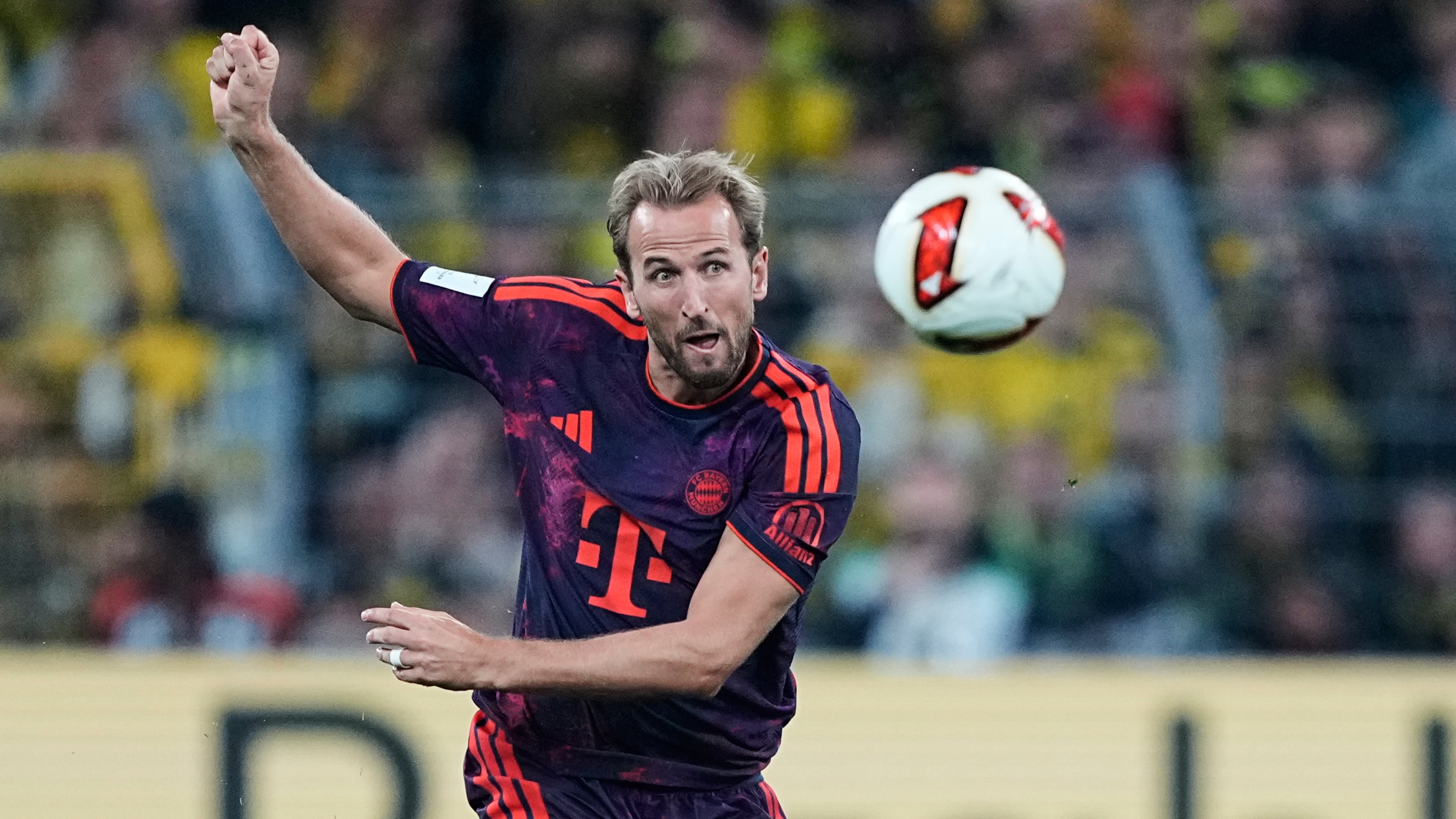 Bayern's Harry Kane kicks the ball during the Franz Beckenbauer German Supercup soccer match between Borussia Dortmund and Bayern Munich in Dortmund, Germany, Saturday, Aug. 22, 2026. (AP Photo/Martin Meissner)