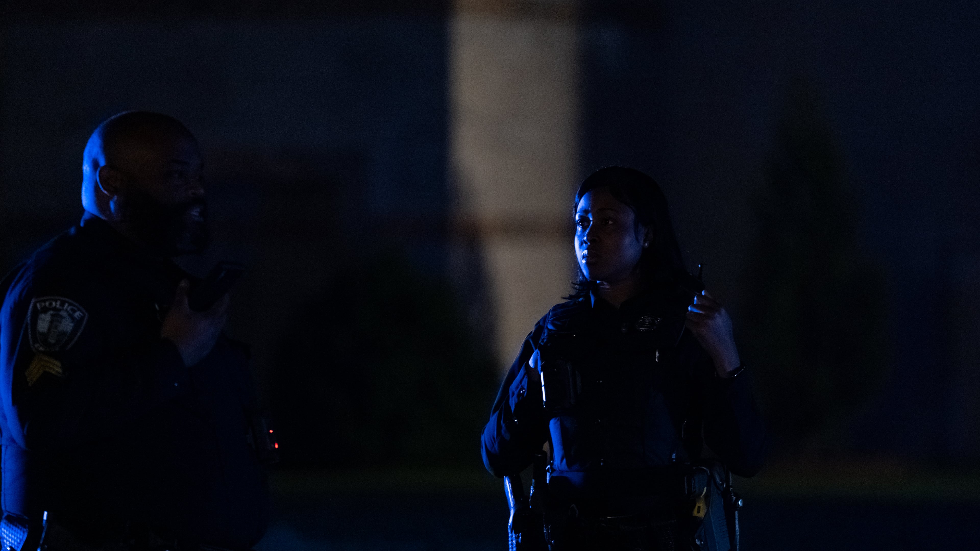 Emory police stand on the quad after clearing protesters. Police cleared the quad Saturday night after someone began spray painting the convocation center.Protesters gather for the third day on the Emory University quad. Saturday, April 27 , 2024 (Ben Hendren for the Atlanta Journal Constituion)