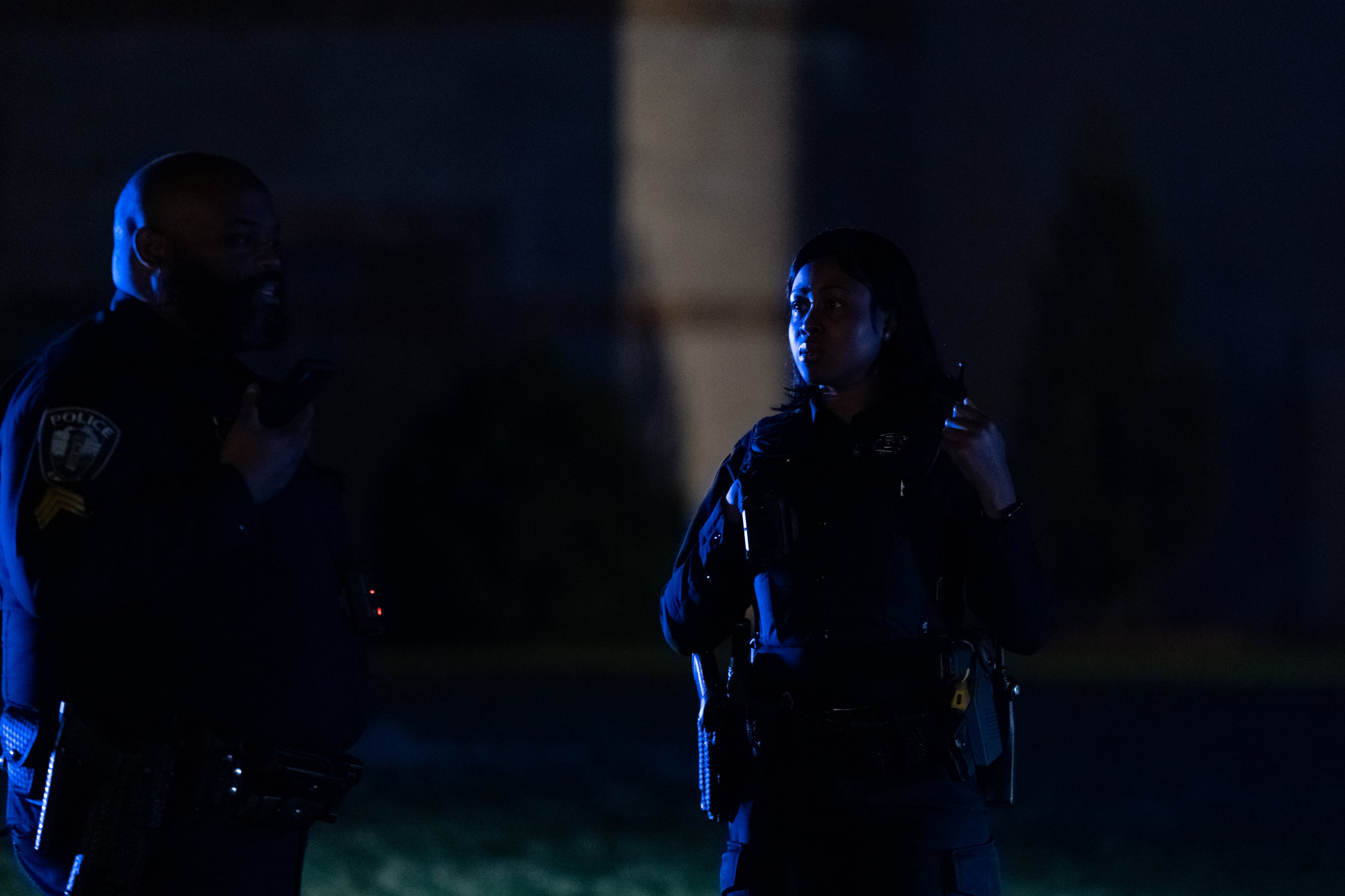 Emory University police stand on the quad after clearing protesters. Police cleared the quad Saturday night after someone began spray painting the convocation center. Protesters gathered for a third day on the Emory University quad on Saturday, April 27, 2024. (Ben Hendren for The Atlanta Journal-Constitution)