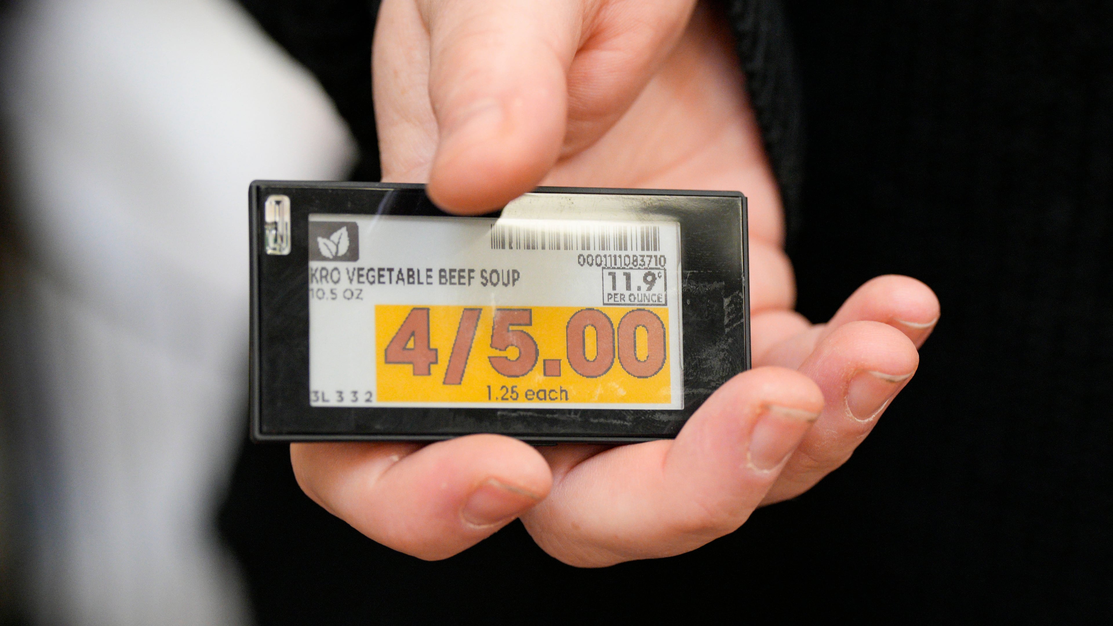 FILE - An electronic price tag is displayed at a Kroger grocery store Nov. 13, 2024, in Monroe, Ohio. (AP Photo/Jeff Dean, File)