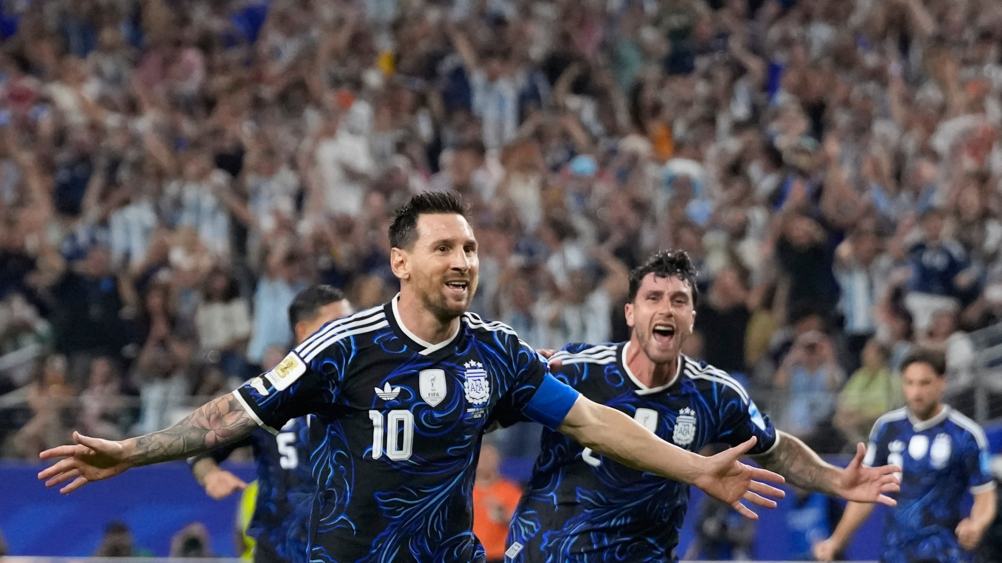 Argentina's Lionel Messi (10) celebrates scoring his side's 3rd goal during the World Cup Group J soccer match between Jordan and Argentina in Arlington, Texas, near Dallas, Saturday, June 27, 2026. (AP Photo/Tony Gutierrez)