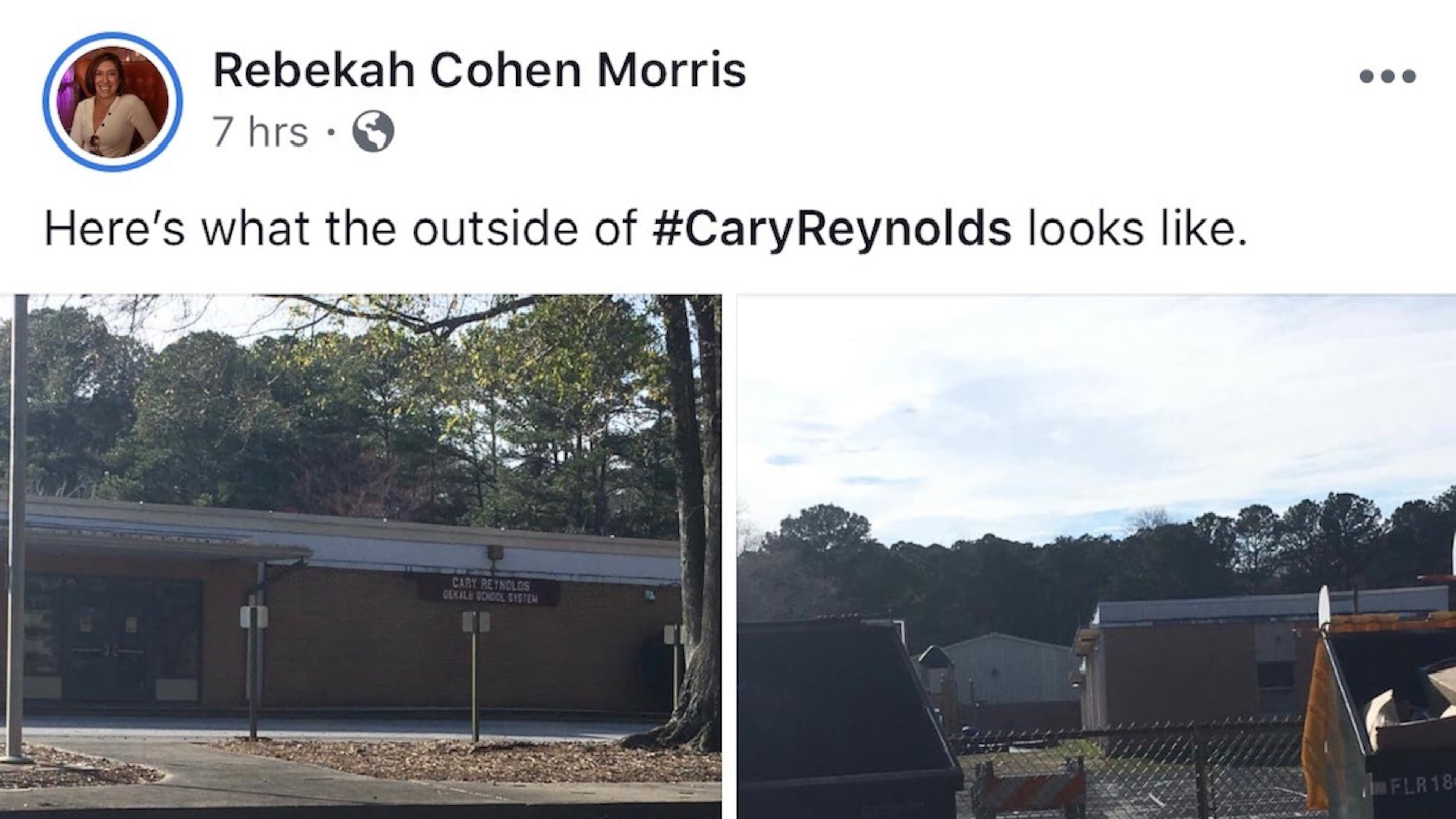 This is a screenshot of a Facebook post by teacher Rebekah Cohen Morris showing conditions inside several schools. “The issues teachers and students faced — and still face — in DeKalb were not things I could ignore,” she said.