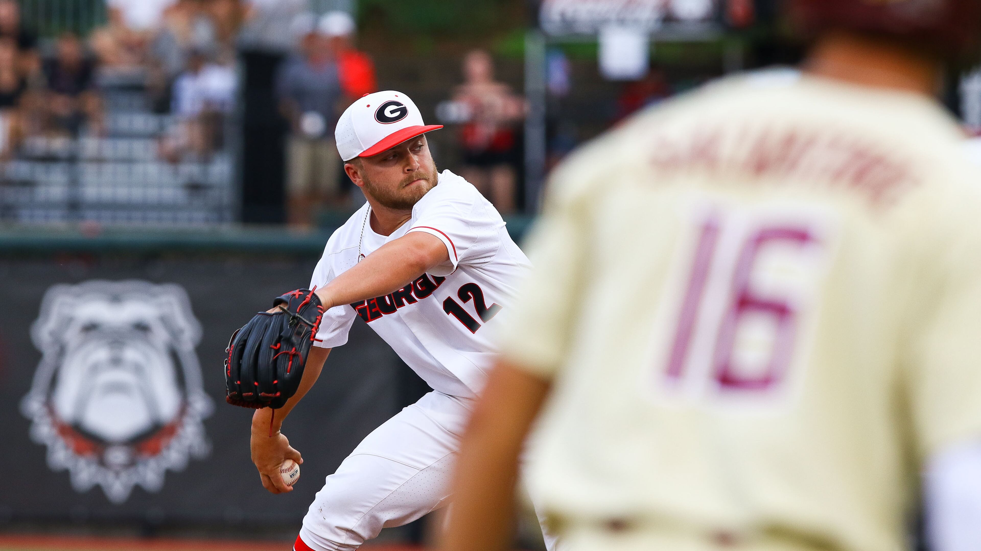 Georgia pitcher Zac Kristofak (12) delivers during an NCAA regional game against Florida State Sunday, June 2, 2019, in Athens.