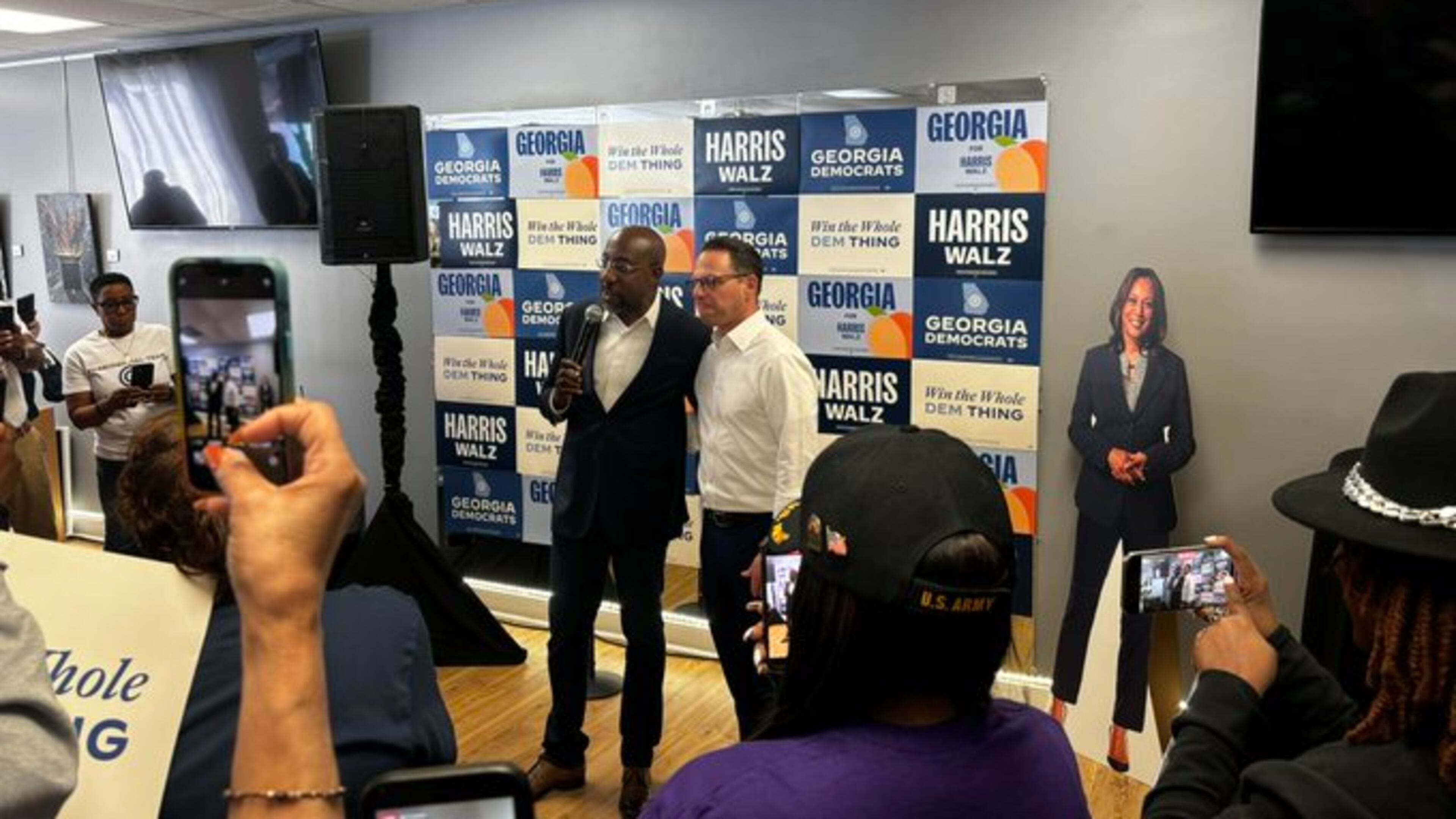 Democratic U.S. Sen. Raphael Warnock and Pennsylvania Gov. Josh Shapiro, another Democrat, campaign together earlier this month in Georgia for Vice President Kamala Harris.