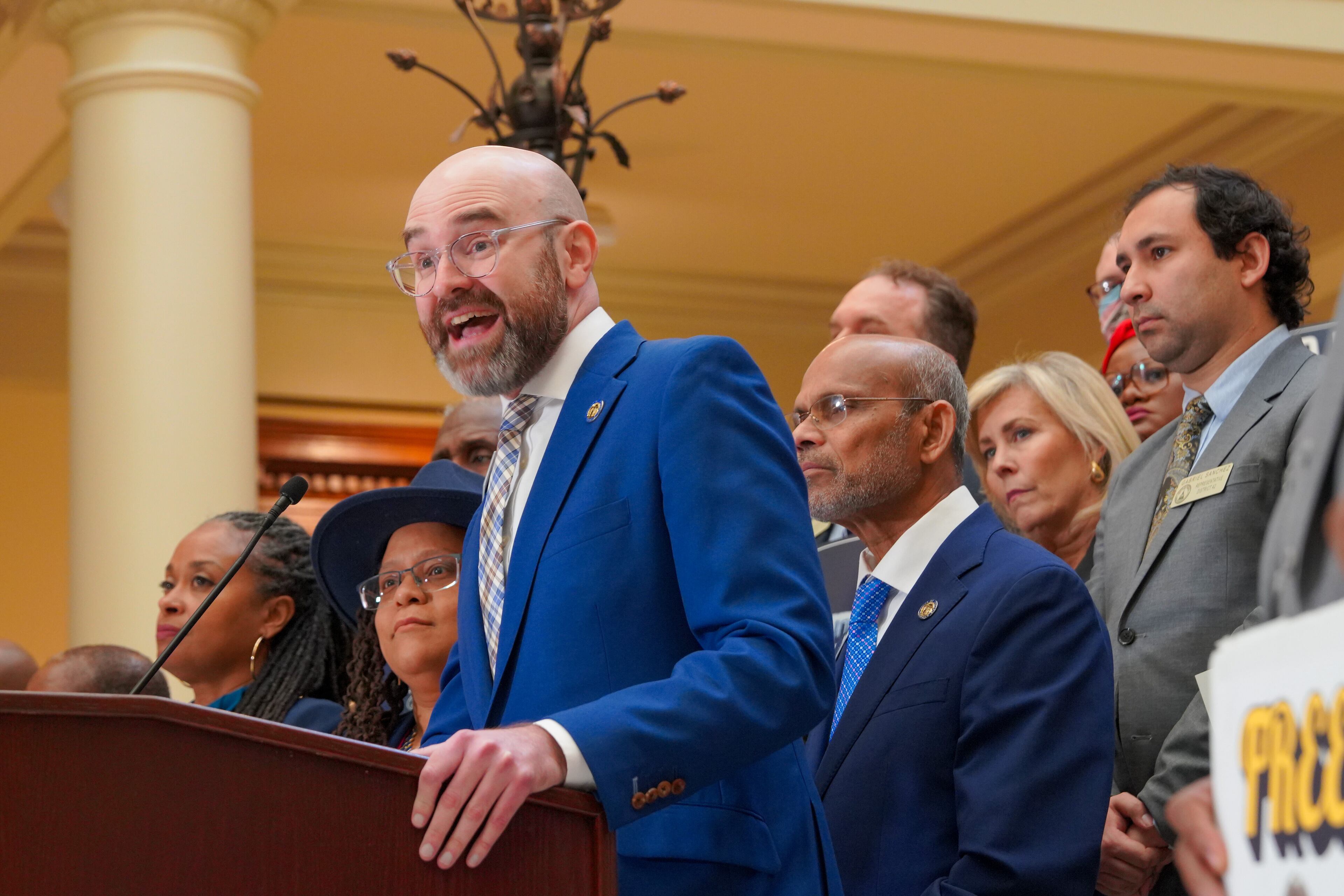 State Sen. Josh McLaurin (at podium), D-Sandy Springs, is a candidate for lieutenant governor. (AP)