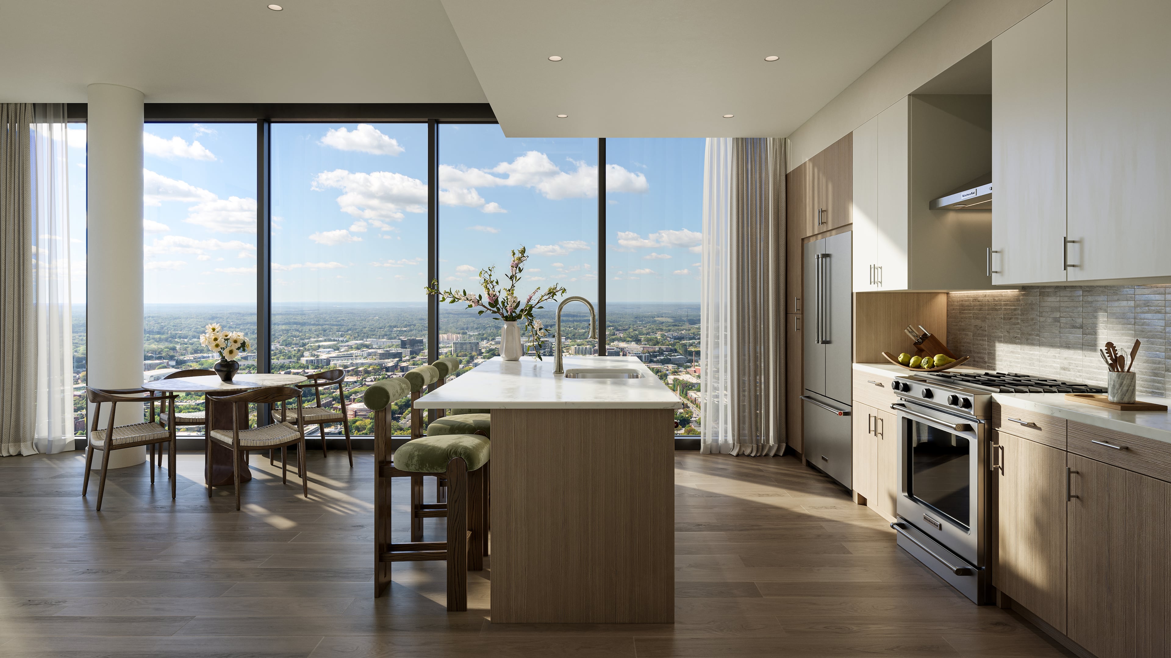 A peek inside one of the units at Rockefeller Group’s forthcoming residential tower in Midtown. The Alina residences will offer spacious floor plans, ceiling heights up to 10 feet and high-end conveniences — including keyless residence entries, quartz countertops, wine refrigerators and custom cabinetry, among other features. (Courtesy of Eleven Visualization)