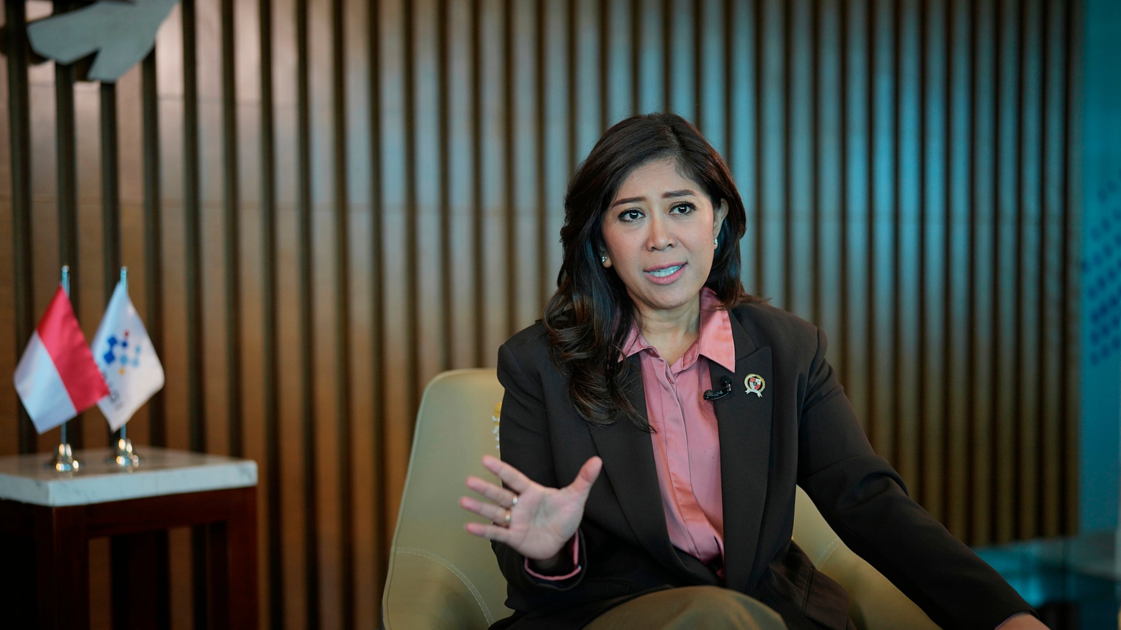 Indonesia's Communication and Digital Affairs Minister Meutya Hafid gestures during an interview with The Associated Press in Jakarta, Indonesia, Wednesday, April 29, 2026. (AP Photo/Achmad Ibrahim)