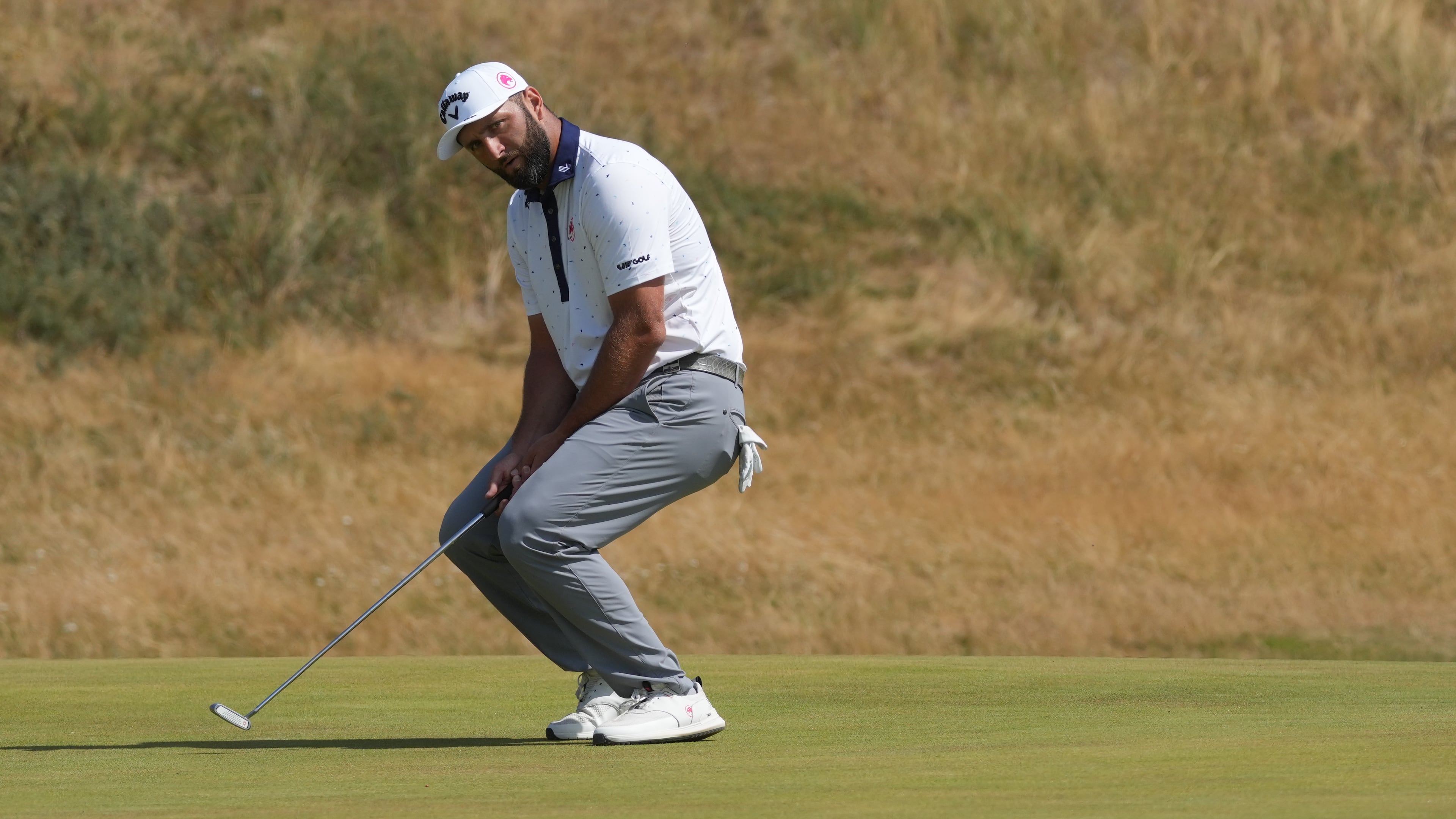 Jon Rahm of Spain reacts after putting on the 6th green during the first day of the British Open Golf championships at Royal Birkdale golf club, in Southport, England, Thursday, July 16, 2026. (AP Photo/Jon Super)