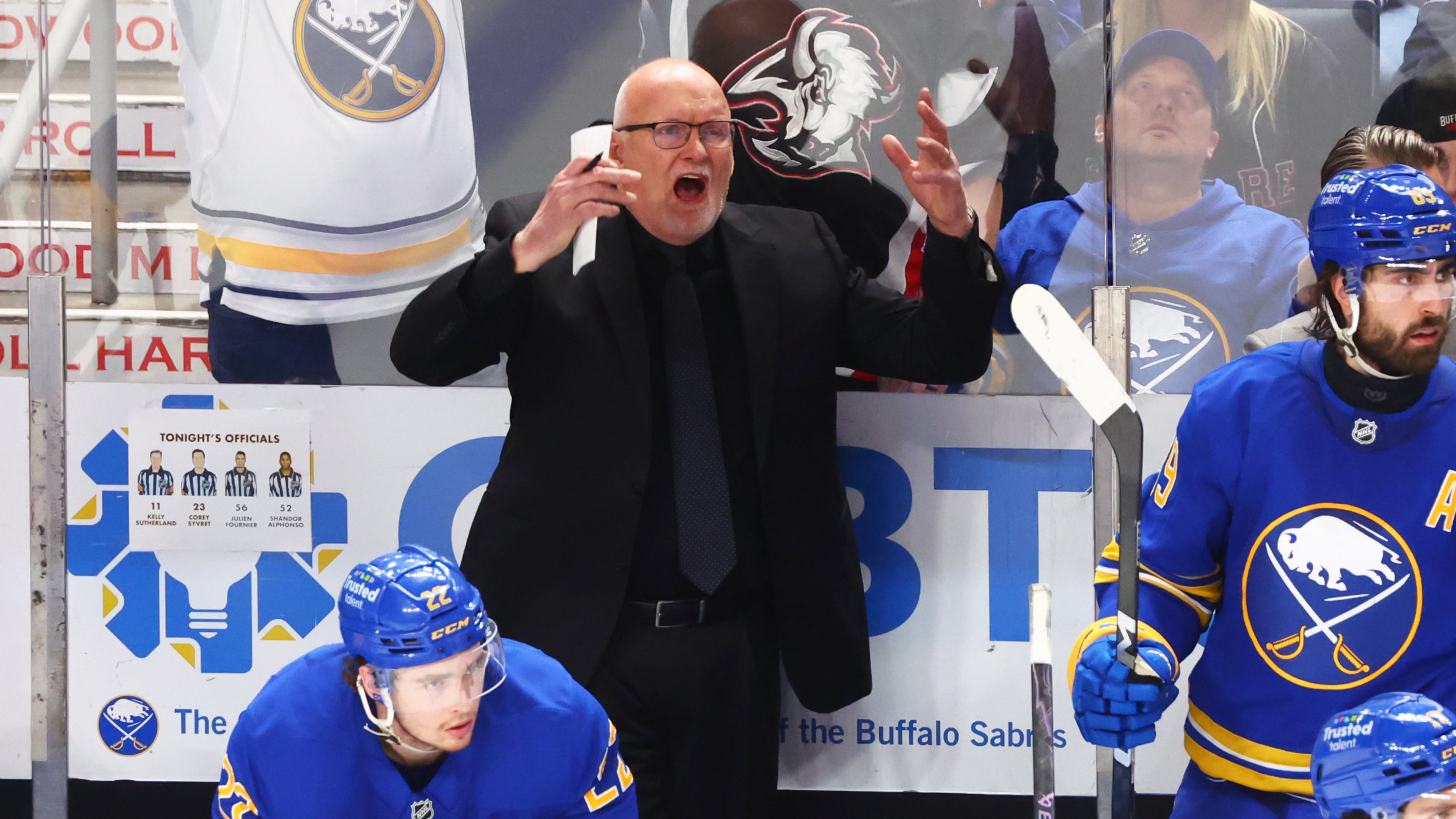 Buffalo Sabres head coach Lindy Ruff reacts during the third period in Game 5 of a first-round NHL hockey Stanley Cup playoff series against the Boston Bruins Tuesday, April 28, 2026, in Buffalo, N.Y. (AP Photo/Jeffrey T. Barnes)