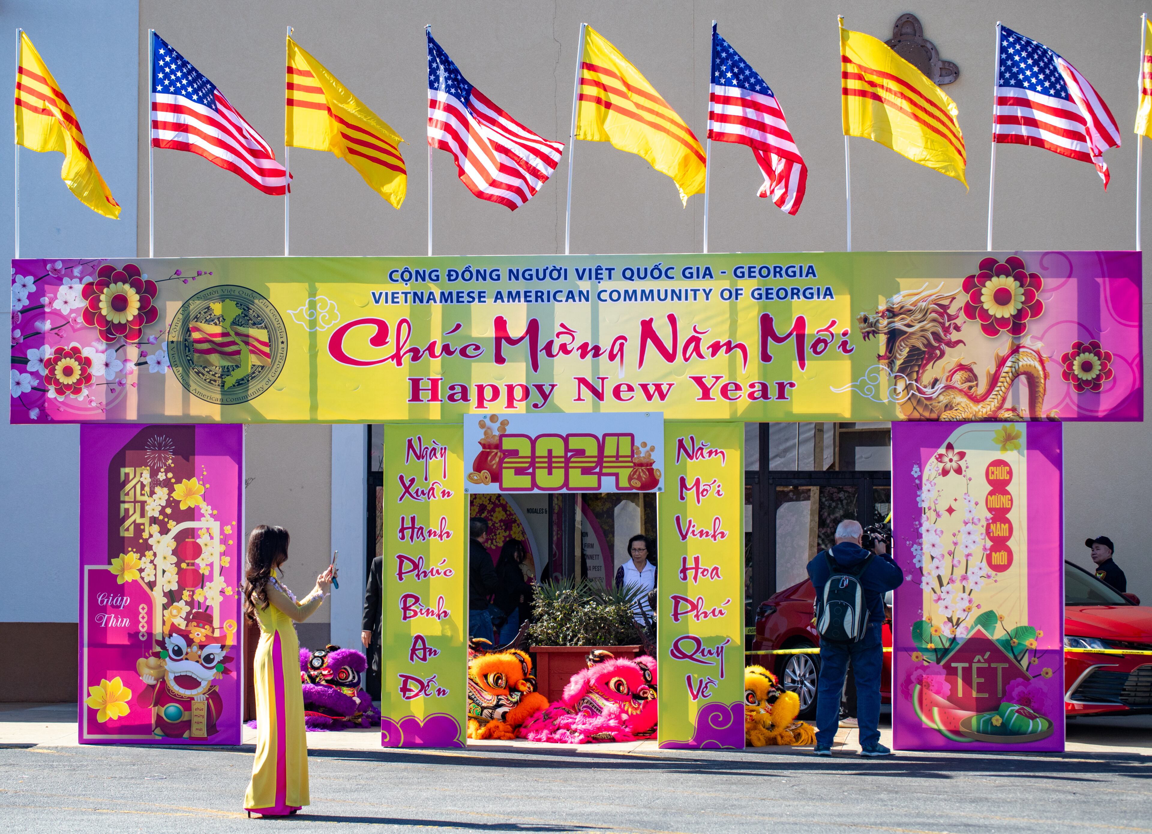 The Vietnamese American Community of Georgia hosts a Lunar New Year celebration at Plaza Las Americas in Lilburn on Saturday, Feb 3, 2024 where dragon and lion dancing begins the weekend. The celebration continues on Sunday and includes traditional food, music and cultural festivities. (Jenni Girtman for The Atlanta Journal-Constitution)