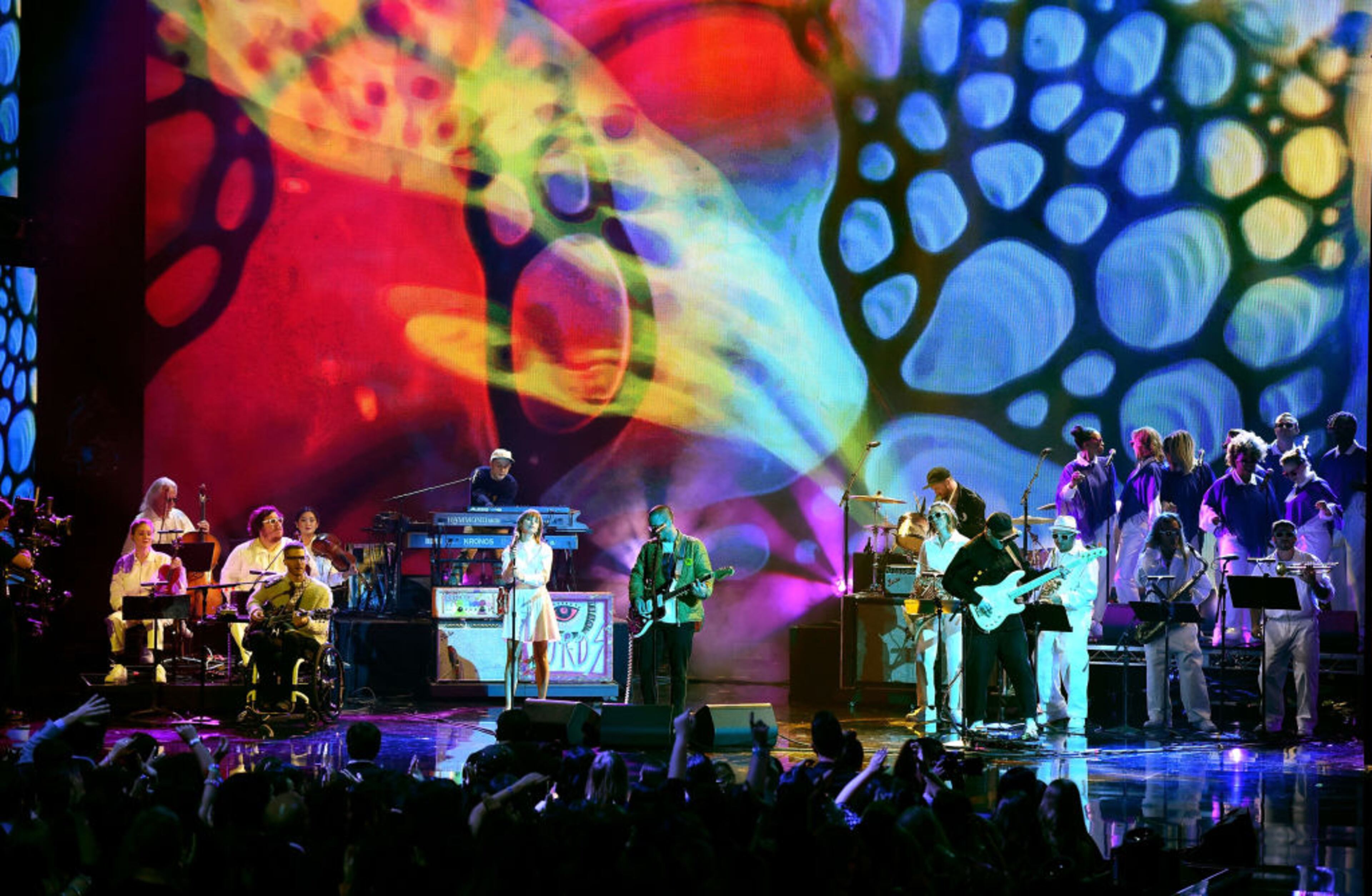 LOS ANGELES, CA - NOVEMBER 19: Music group Portugal. The Man performs onstage during the 2017 American Music Awards at Microsoft Theater on November 19, 2017 in Los Angeles, California. (Photo by Kevin Winter/Getty Images)
