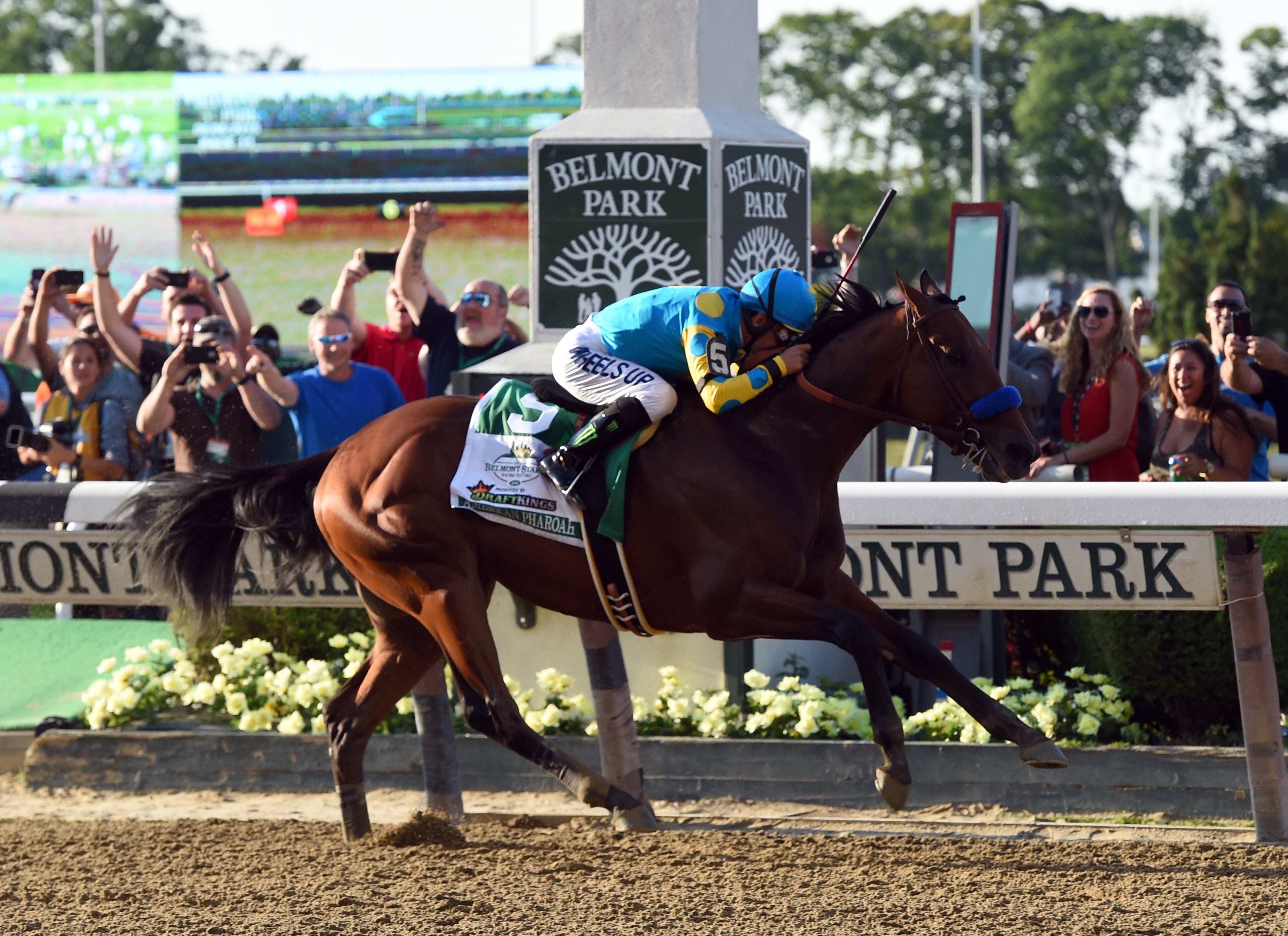 American Pharoah ridden by Victor Espinoza crosses the finish line to win the 147th Belmont Stakes at Belmont Park on June 6, 2015 in Elmont, New York. American Pharoah ended US racing's 37-year Triple Crown drought on Saturday with a convincing victory in the Belmont Stakes. AFP PHOTO / TIMOTHY A. CLARY (Photo credit should read TIMOTHY A. CLARY/AFP/Getty Images)