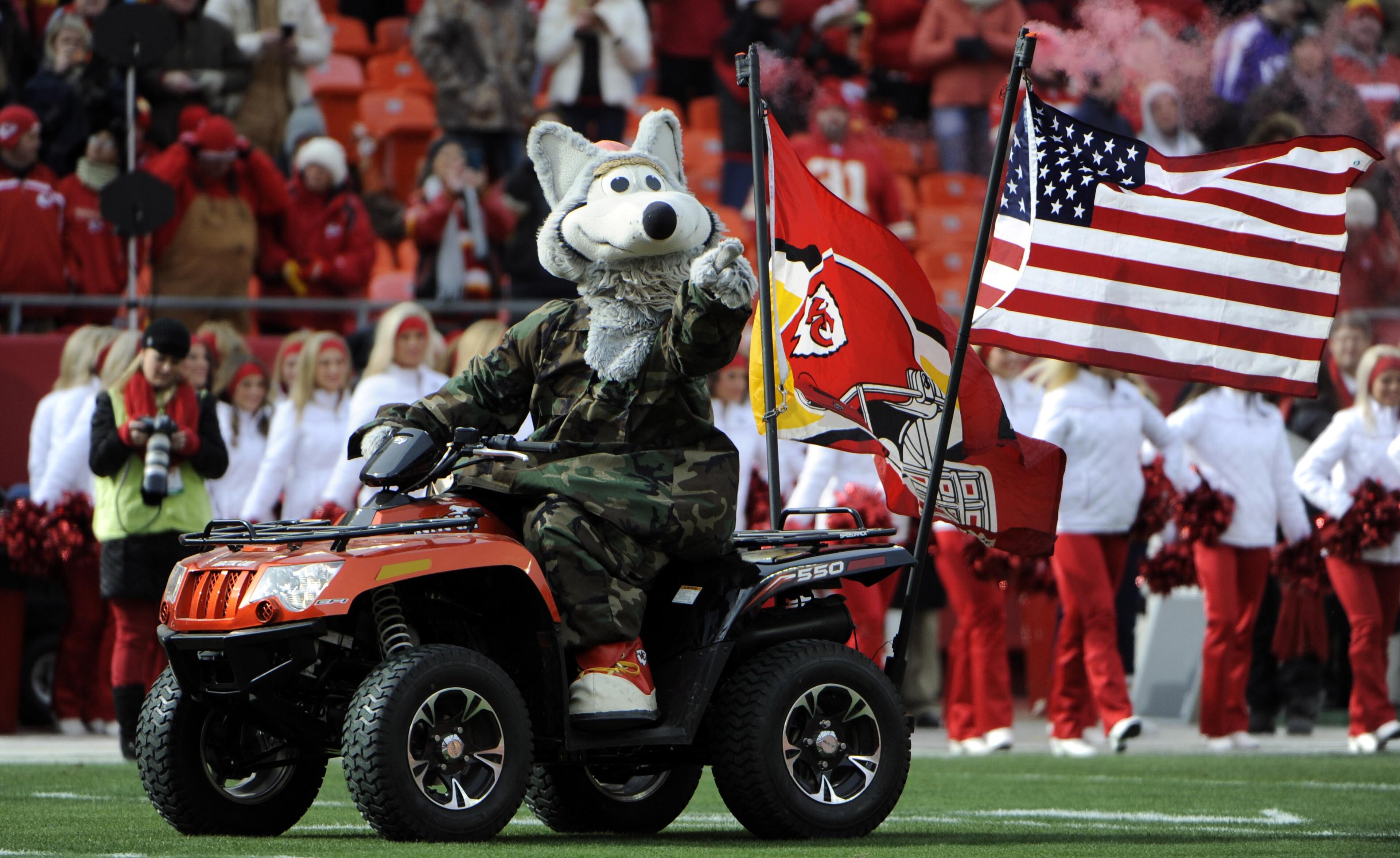 Kansas City Chiefs mascot KC Wolf performs before the game against the San Diego Chargers at Arrowhead Stadium. San Diego won 41-38. Mandatory Credit: John Rieger-USA TODAY Sports