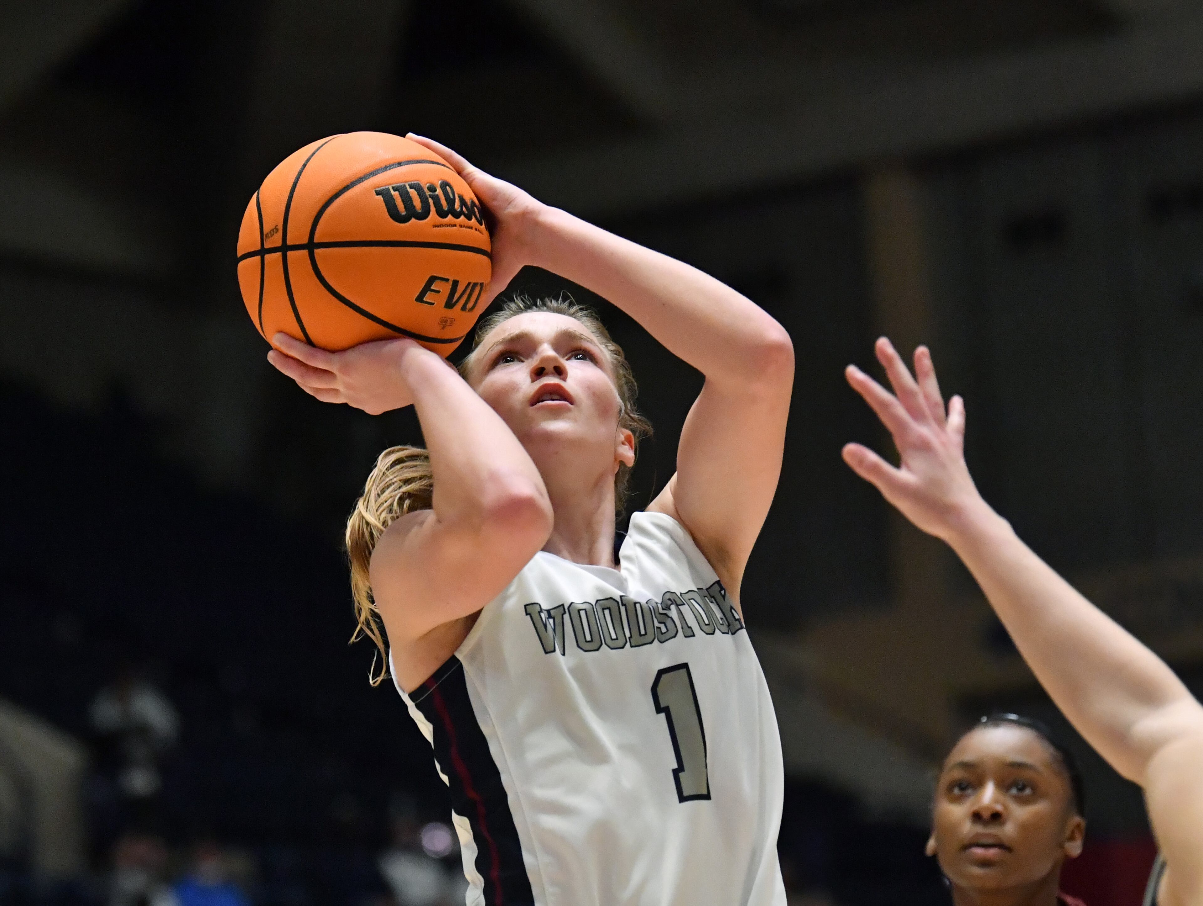March 13, 2021 Macon - Woodstock's Bridget Utberg (1) gets off a shot during the 2021 GHSA State Basketball Class AAAAAAA Girls Championship game at the Macon Centreplex in Macon on Saturday, March 13, 2021 Marietta won 52-47 over Woodstock. (Hyosub Shin / Hyosub.Shin@ajc.com)