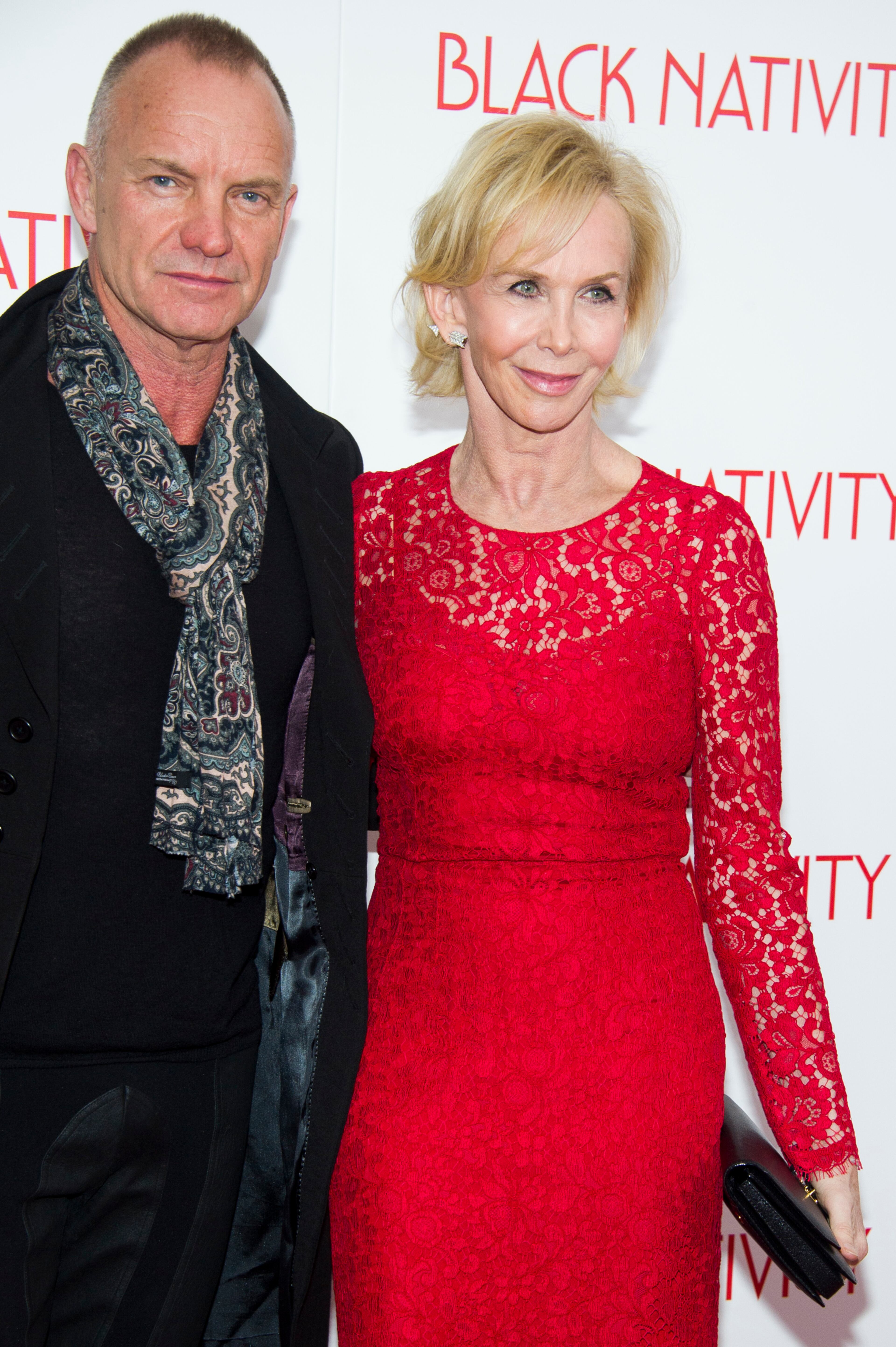 Sting and Trudie Styler attend the "Black Nativity" premiere on Monday, Nov.18, 2013 in New York. (Photo by Charles Sykes/Invision/AP)