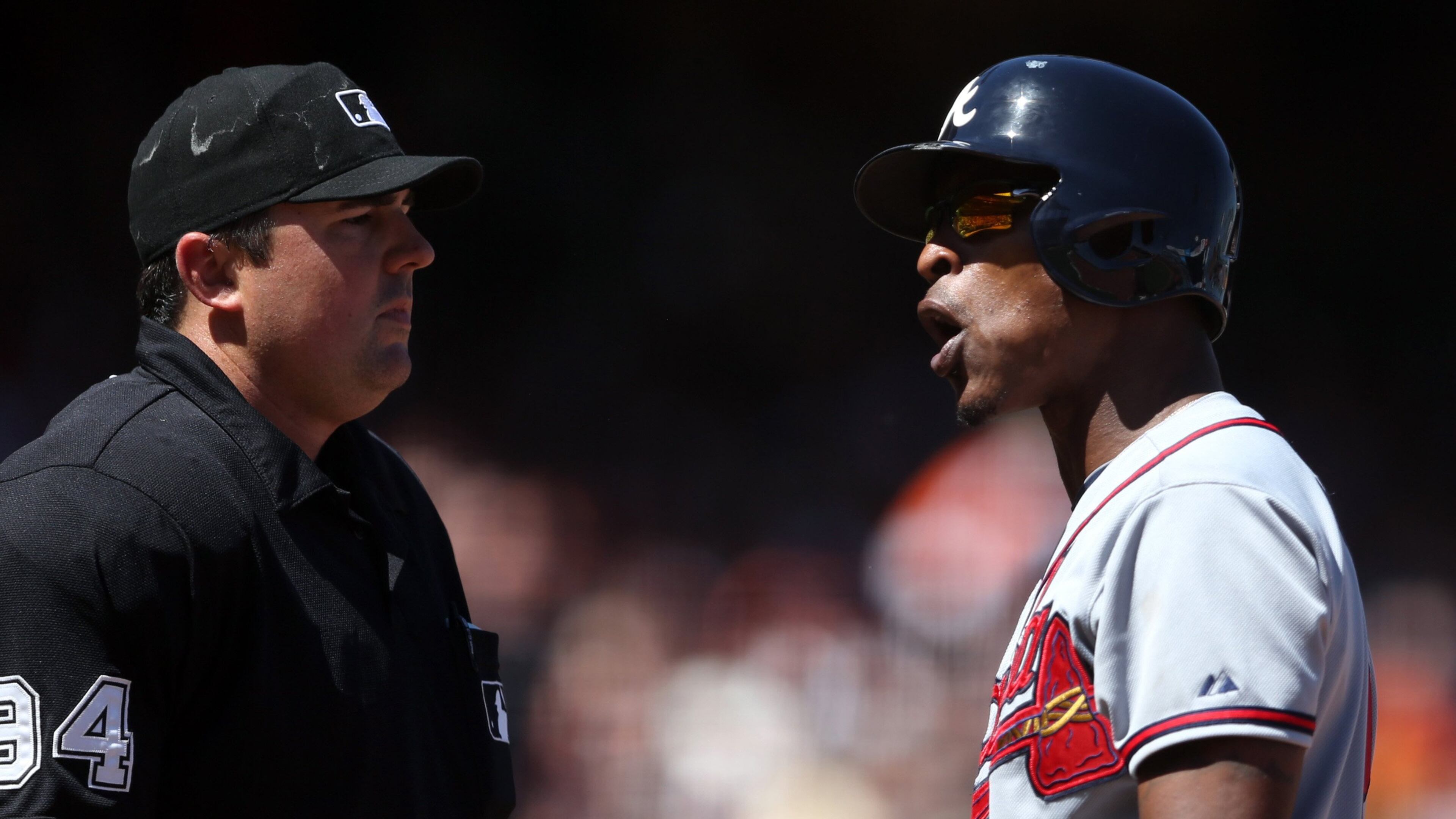 The Atlanta Braves' B.J. Upton, right, argues with home plate umpire Lance Barrett after striking out against the San Francisco Giants in the sixth inning at AT&T Park in San Francisco on Wednesday, May 14, 2014. Upton was ejected as the Giants beat the Braves, 10-4. (Ray Chavez/Bay Area News Group/MCT) B.J. Upton argued with umpire after one of his strikeouts in San Francisco. (Bay Area News Group photo)
