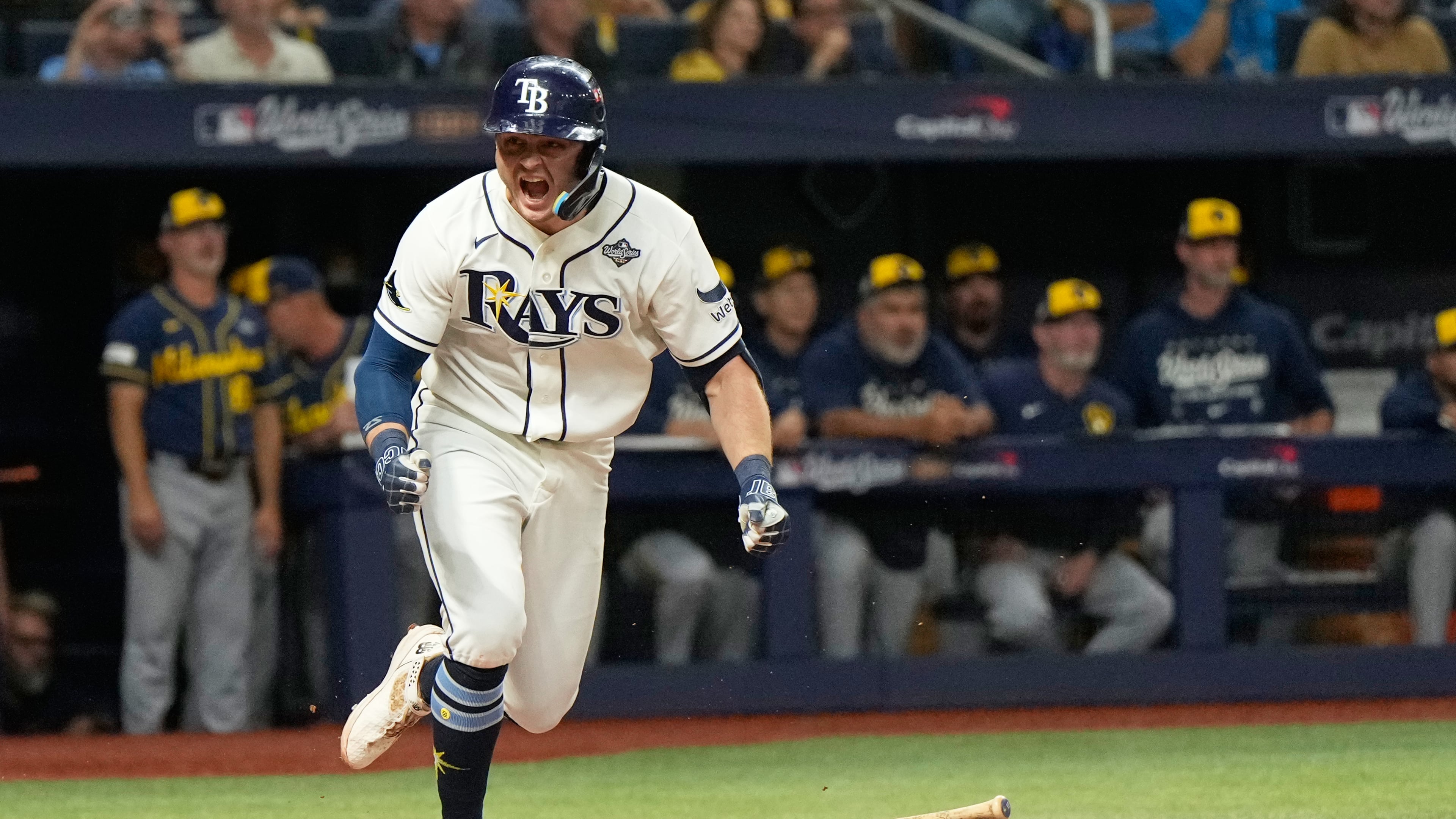Tampa Bay Rays' Ben Williamson celebrates the game winning hit during the 12th inning of Game 4 of baseball's World Series, Wednesday, Oct. 28, 2026, in St. Petersburg, Fla., between the Milwaukee Brewers and the Tampa Bay Rays. (AP Photo/Ashley Landis)