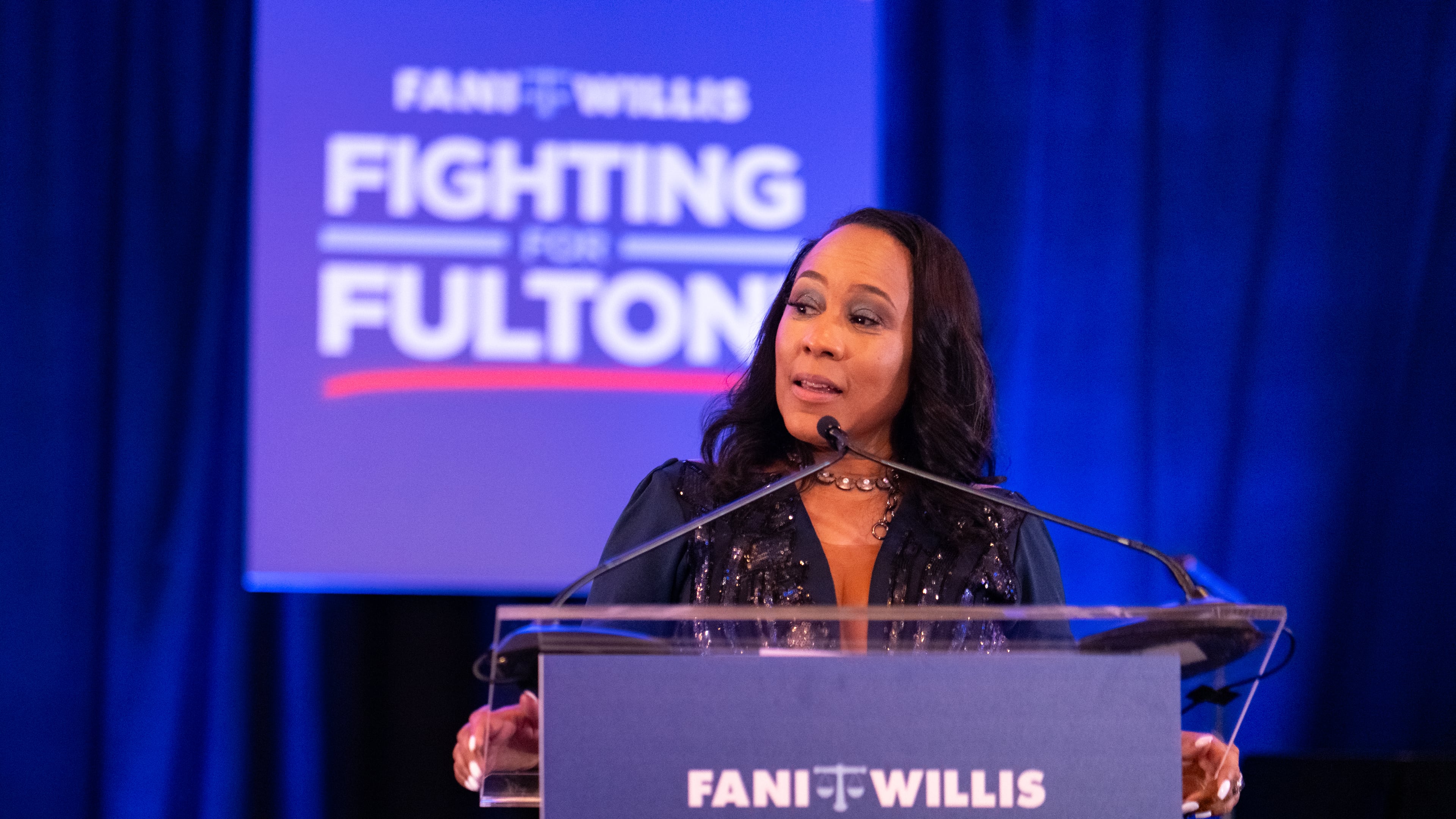 District Attorney Fani Willis addresses the crowd as supporters celebrate her win in the Democratic primary on Tuesday, May 21, 2024. (Ben Hendren for the Atlanta Journal-Constitution)