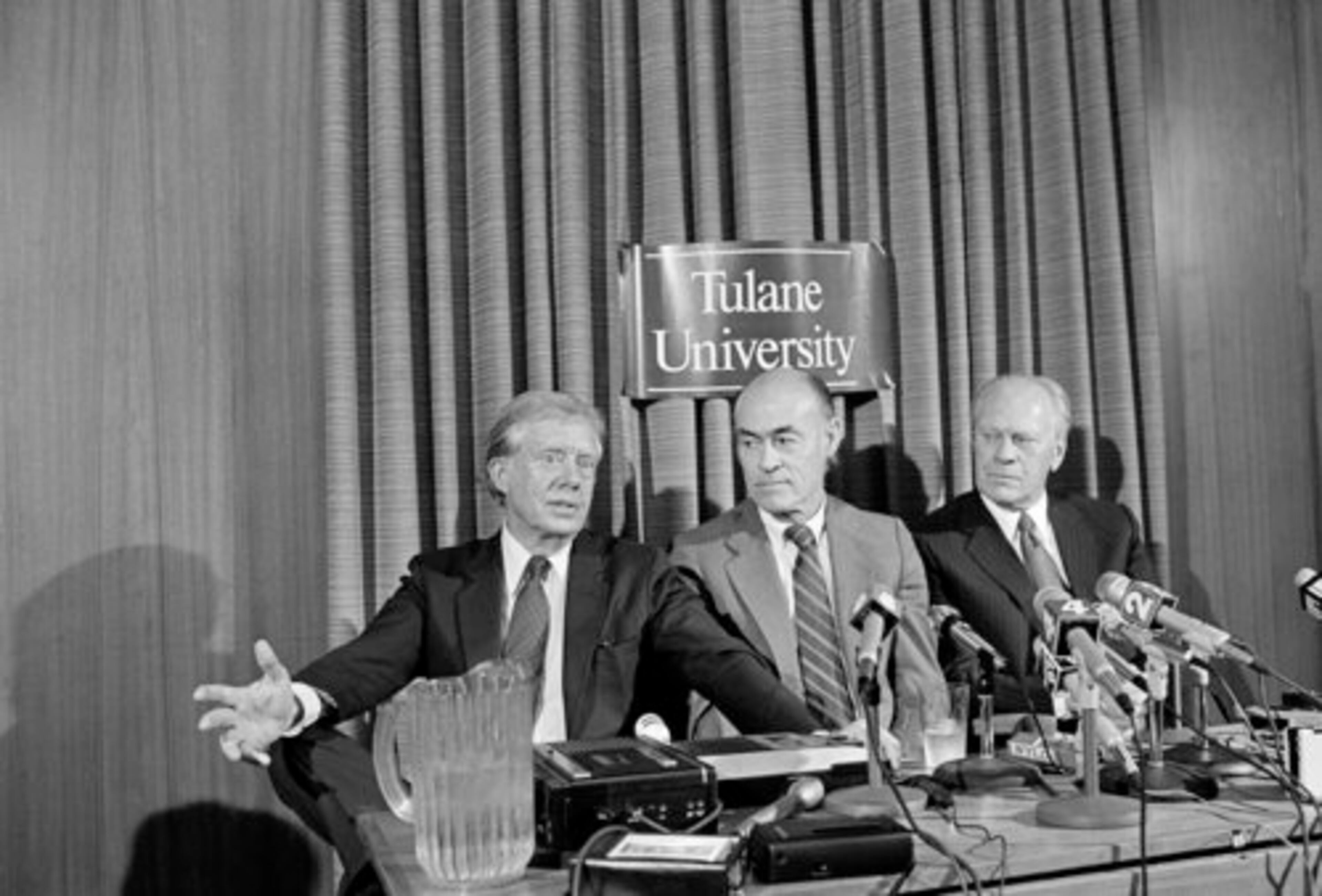 BILL MONROE (July 17, 1920 - Feb. 17, 2011) who hosted the Washington political television show "Meet the Press" for nearly a decade in the late 1970s and early 1980s, died Feb. 17. He was 90. In this 1985 file photo, Bill Monroe of NBC's "Meet the Press", center, sits with former Presidents Jimmy Carter and Gerald Ford at Tulane University in New Orleans.